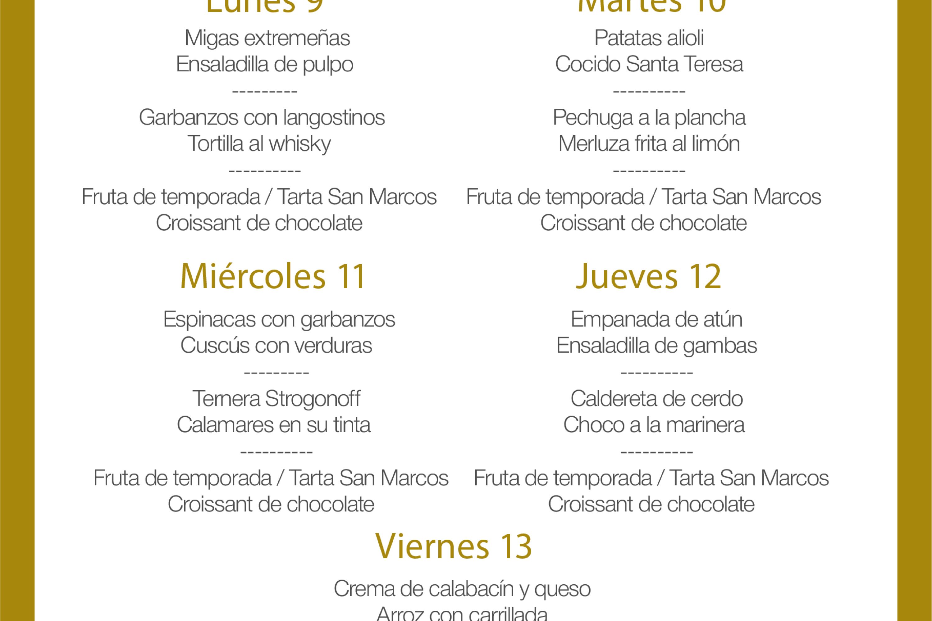 Menú intersemanal del servicio de restauración del Club Náutico