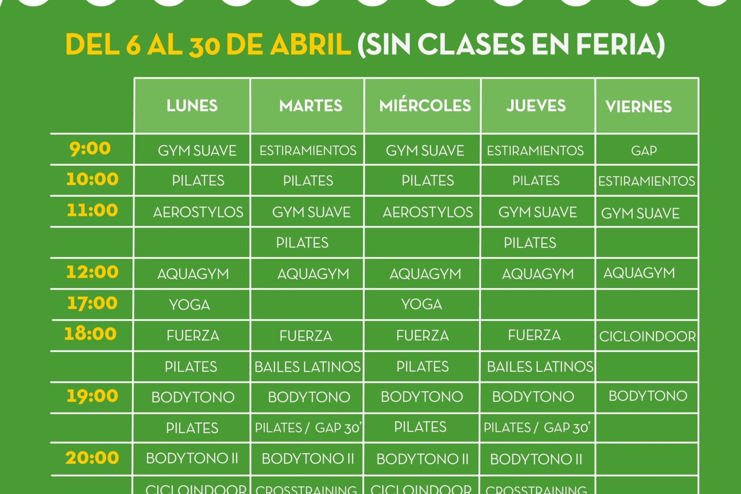 Actividades dirigidas del gimnasio del 6 al 30 abril