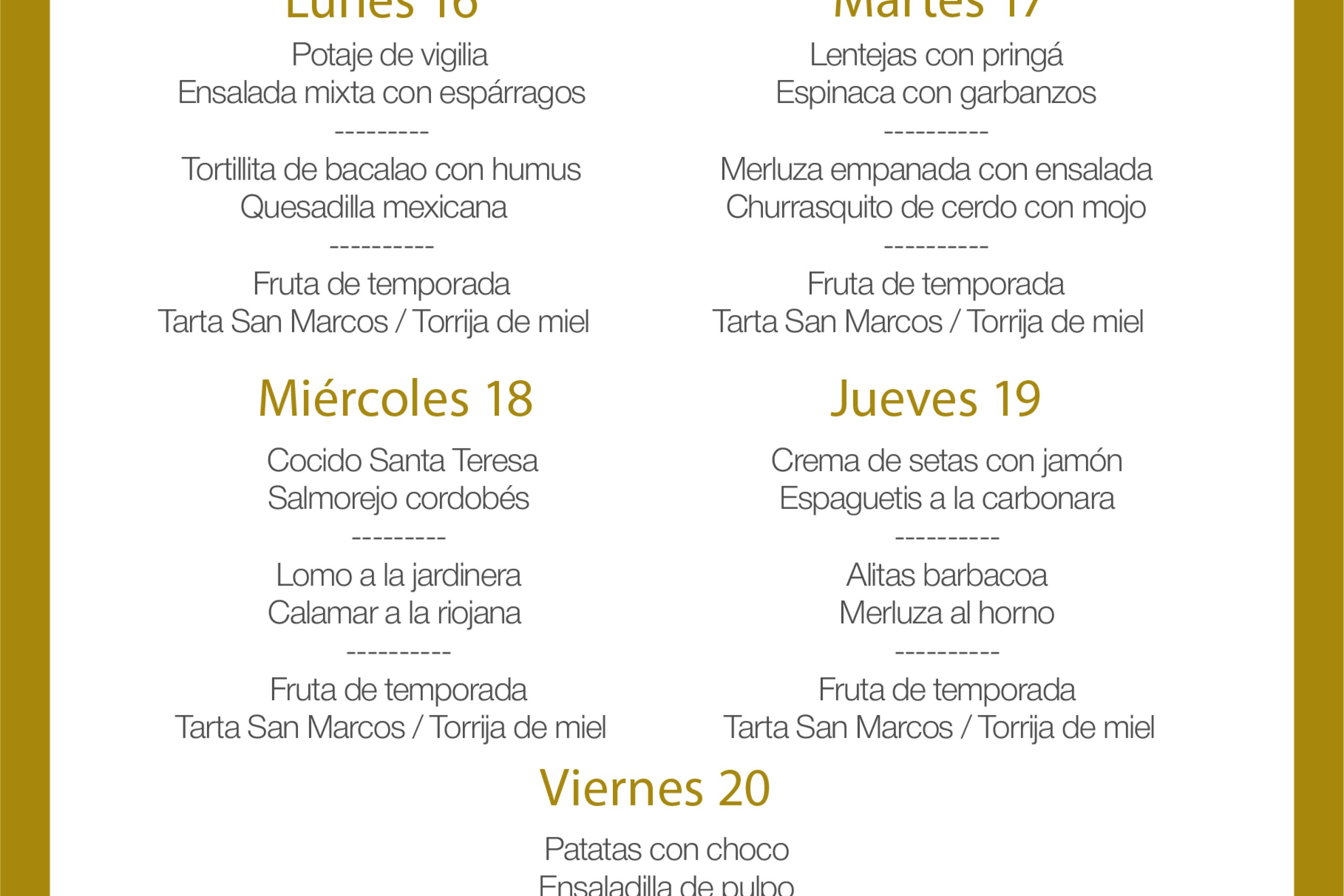 Menú intersemanal del servicio de restauración del Club Náutico