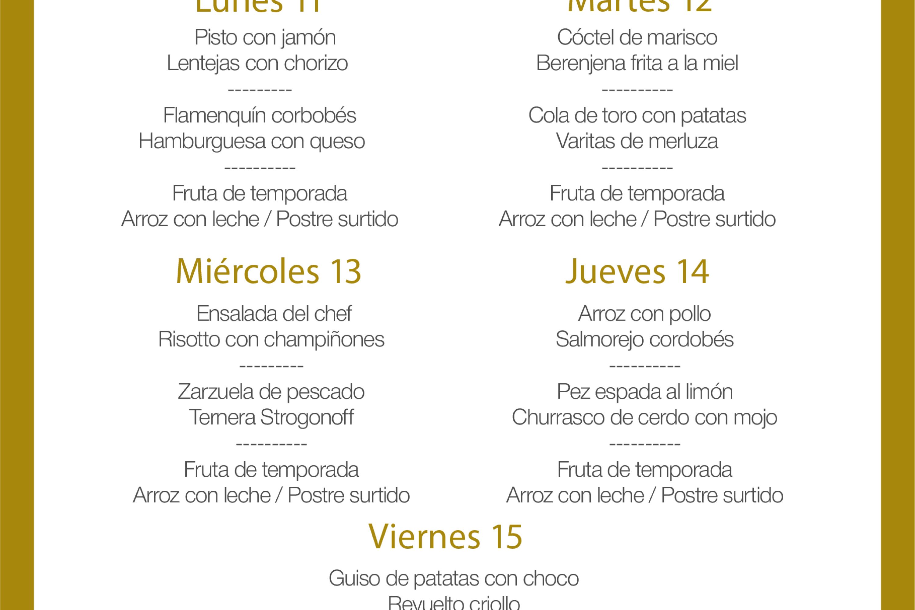 Menú intersemanal del servicio de restauración del Club Náutico