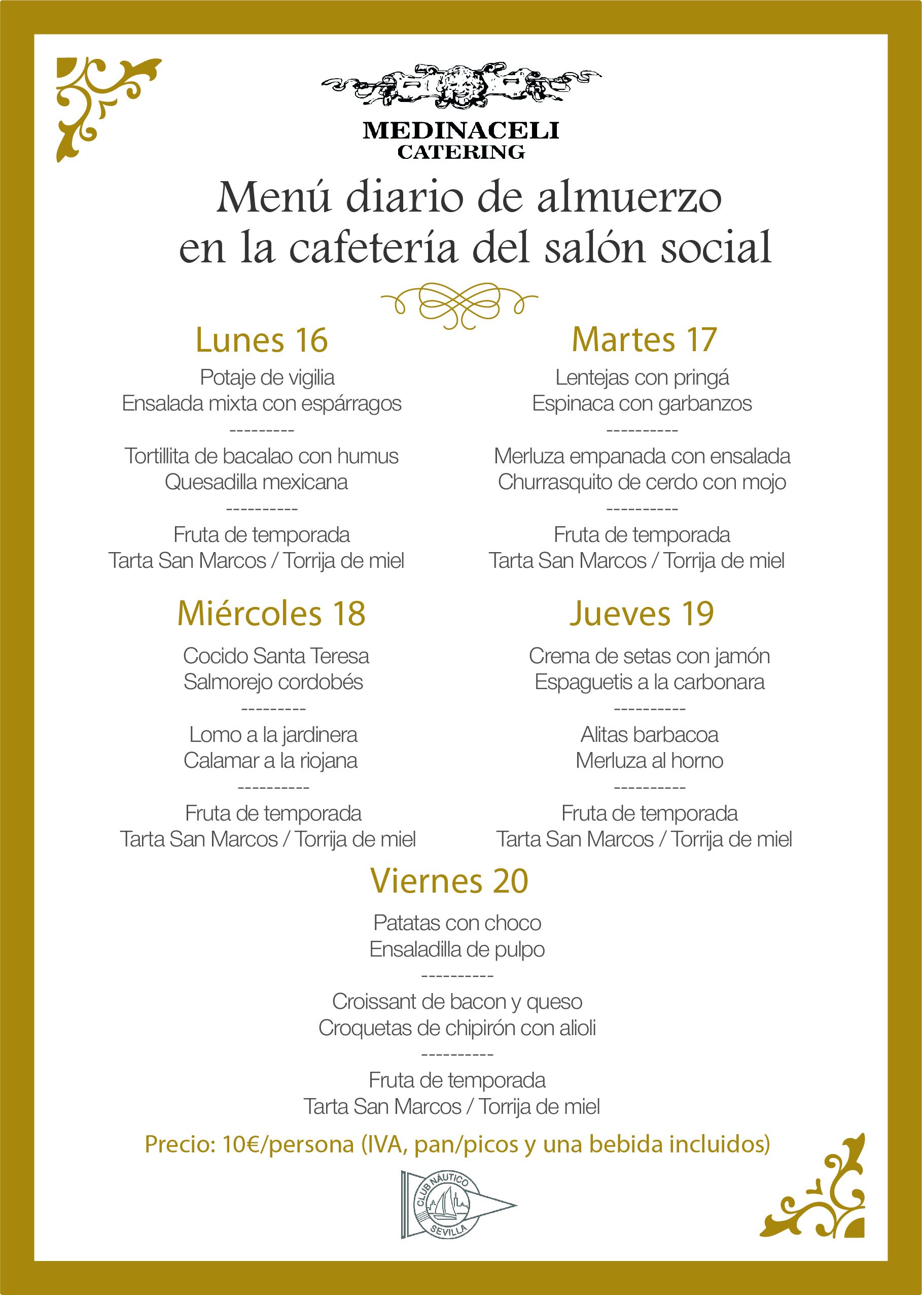 Menú intersemanal del servicio de restauración del Club Náutico