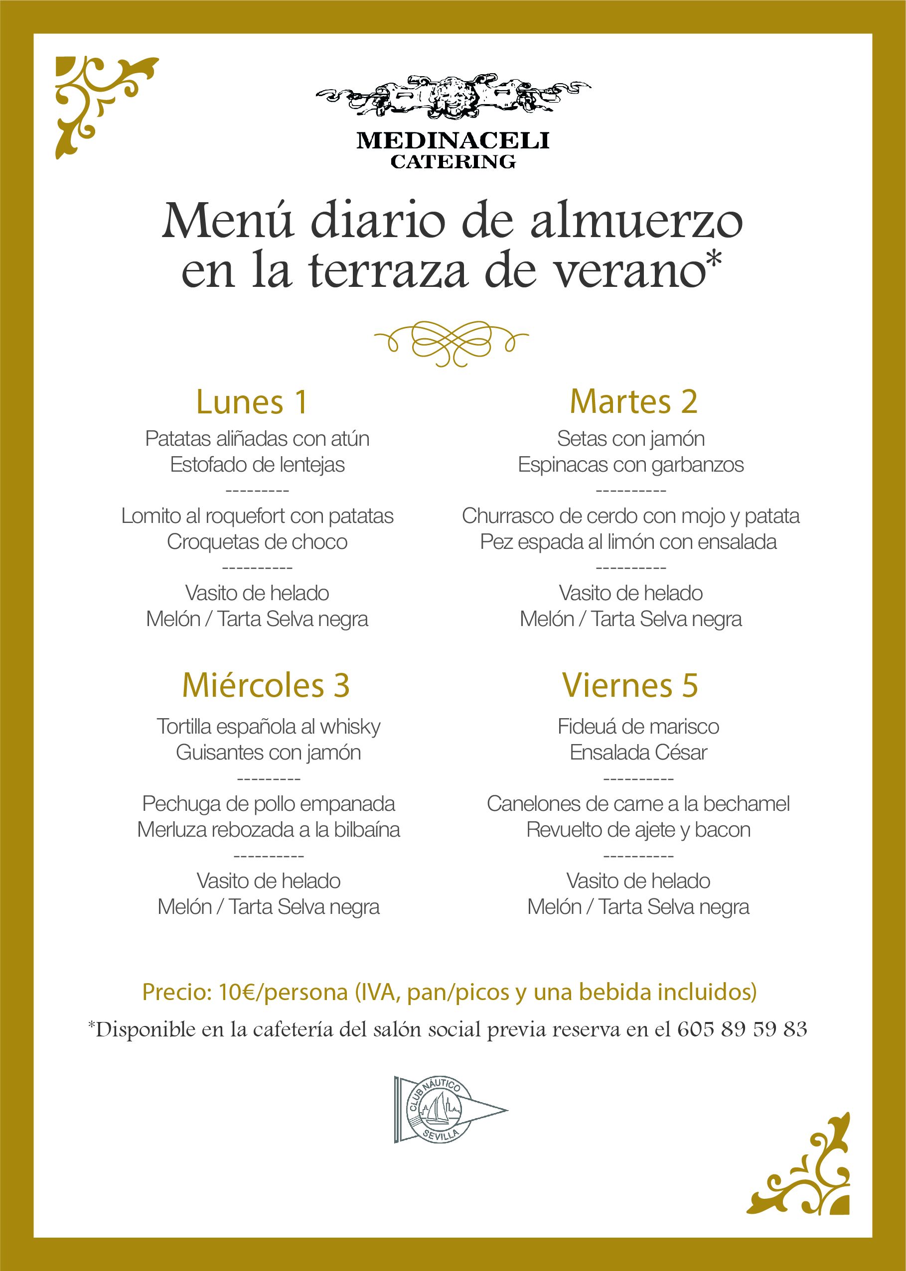 Menú intersemanal del servicio de restauración del Club Náutico
