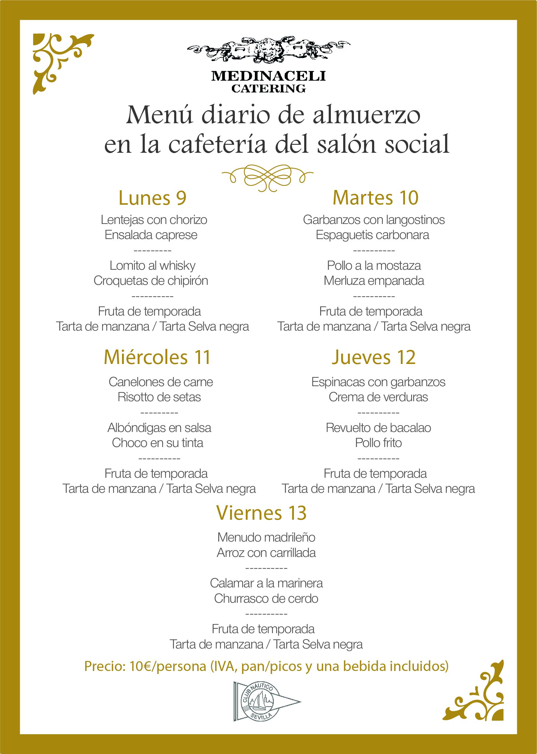 Menú intersemanal del servicio de restauración del Club Náutico