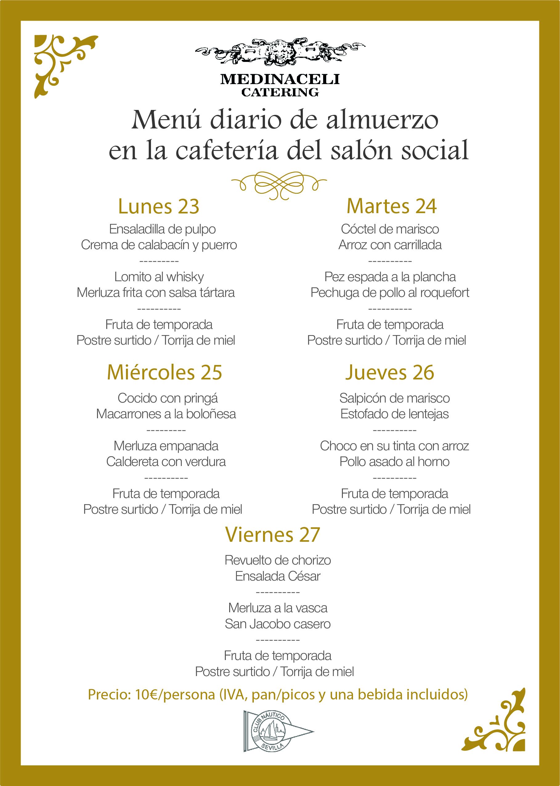 Menú intersemanal del servicio de restauración del Club Náutico
