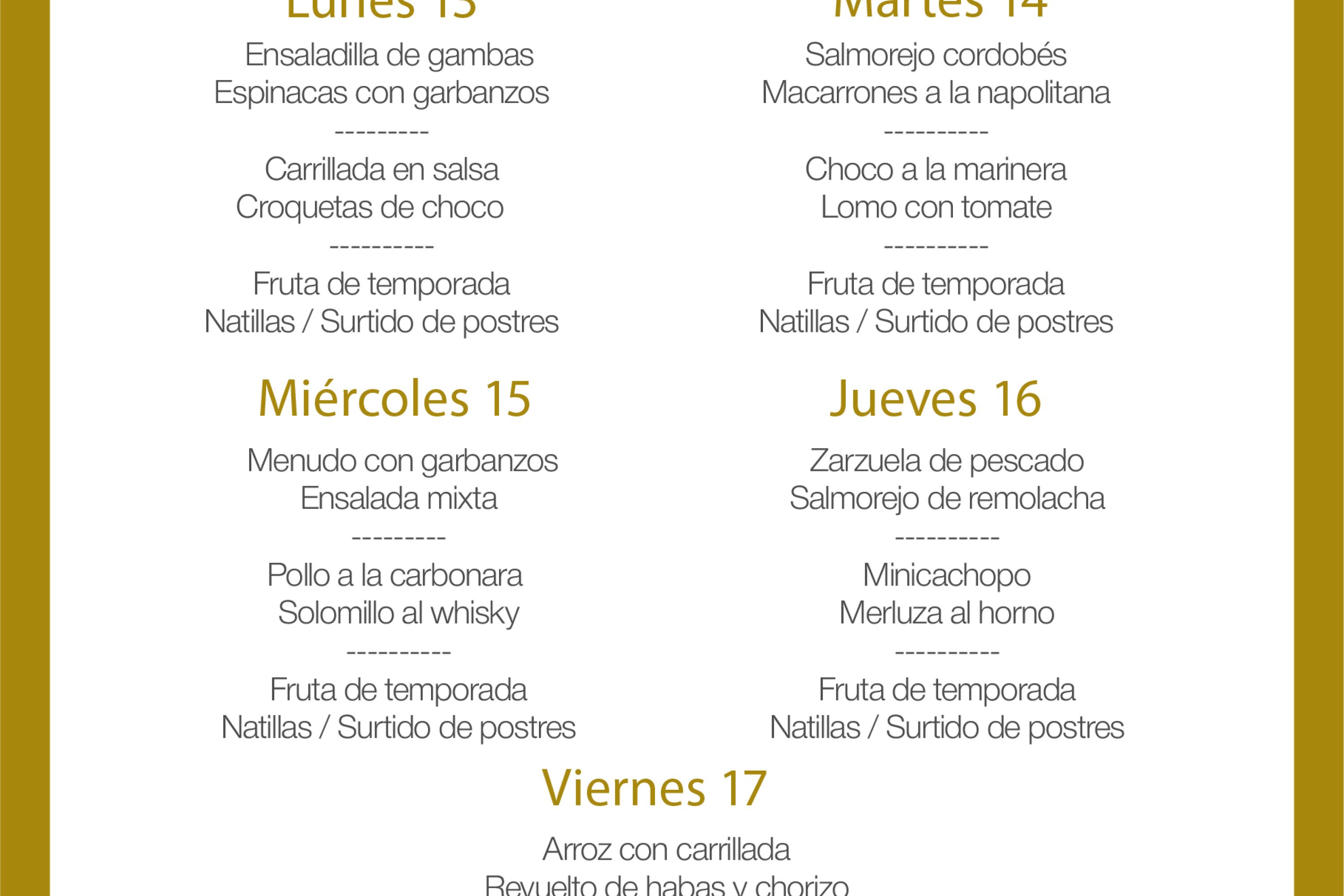 Menú intersemanal del servicio de restauración del Club Náutico