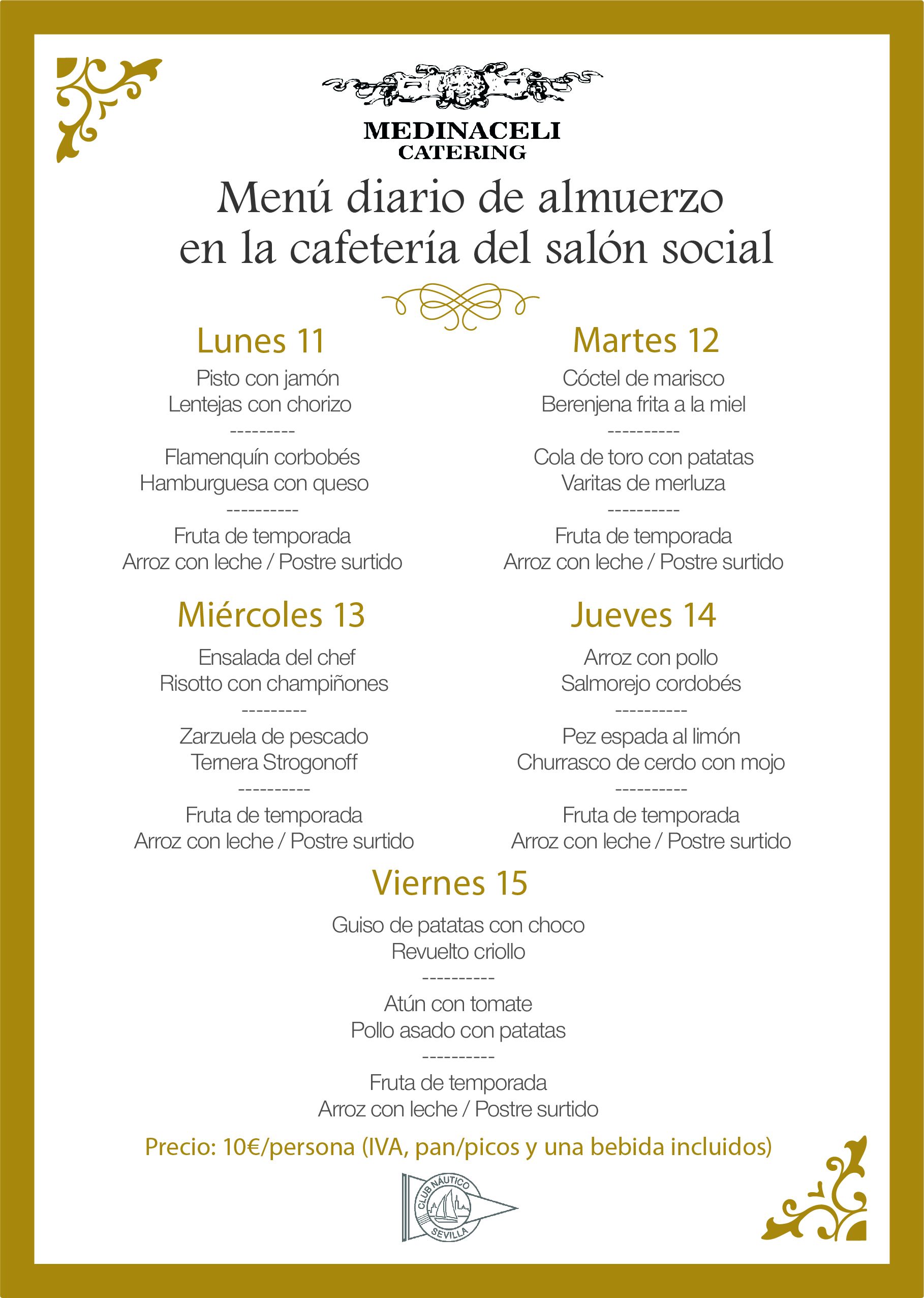 Menú intersemanal del servicio de restauración del Club Náutico
