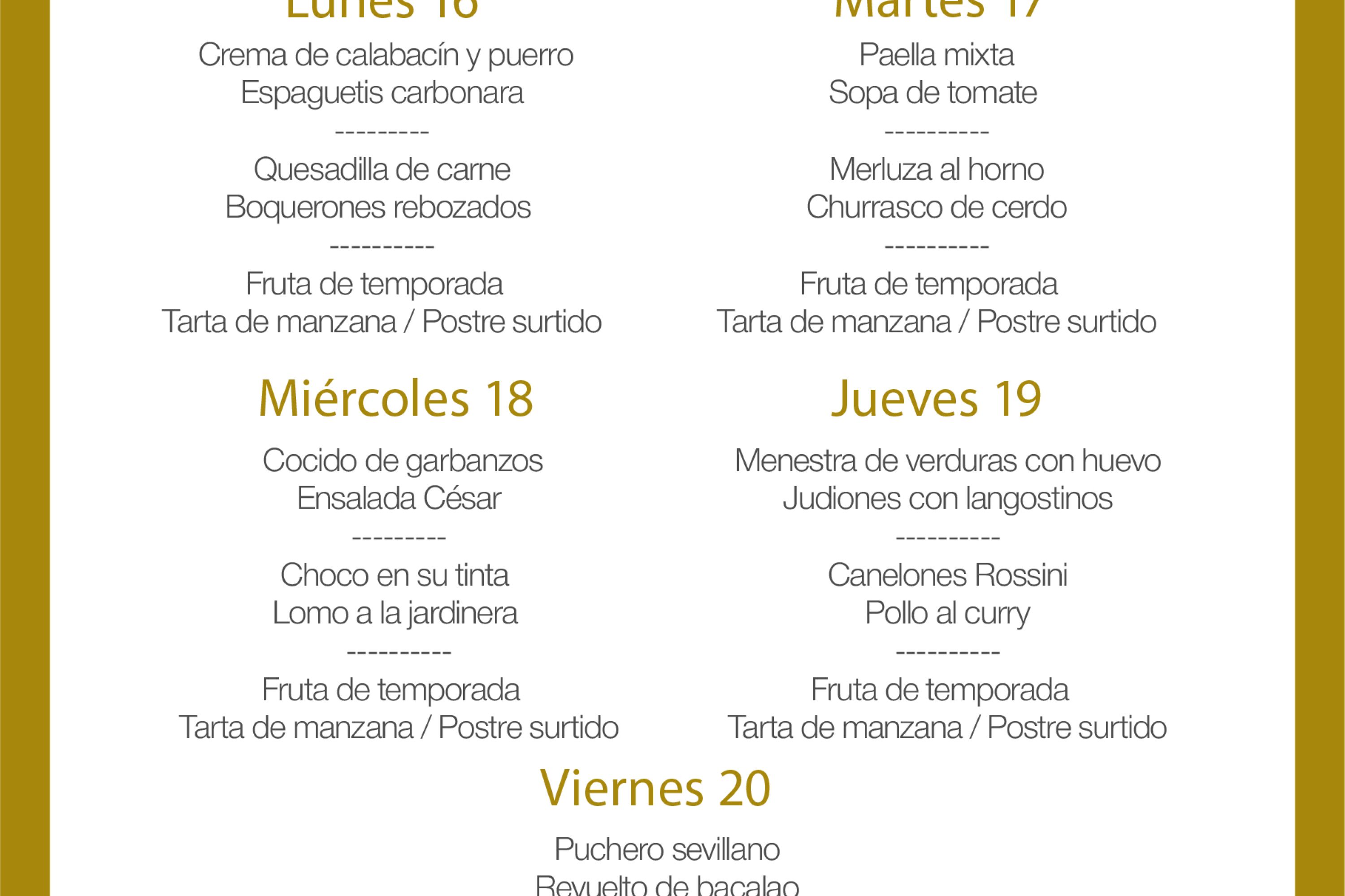 Menú intersemanal del servicio de restauración del Club Náutico