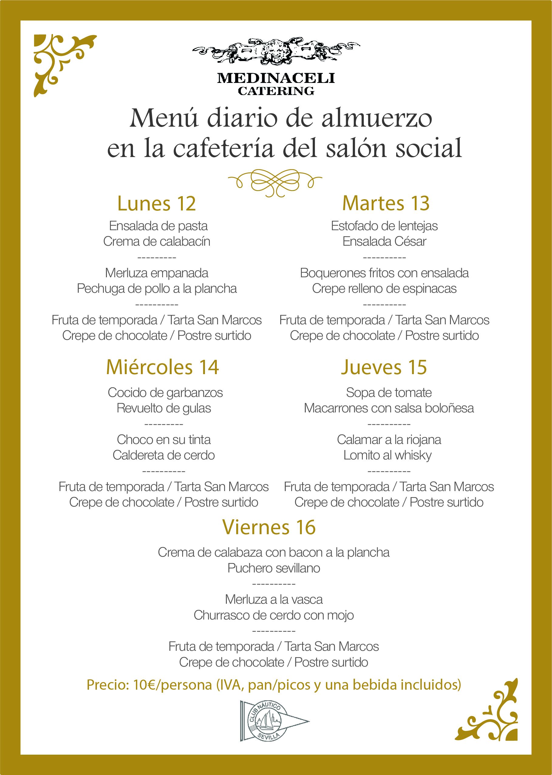 Menú intersemanal del servicio de restauración del Club Náutico