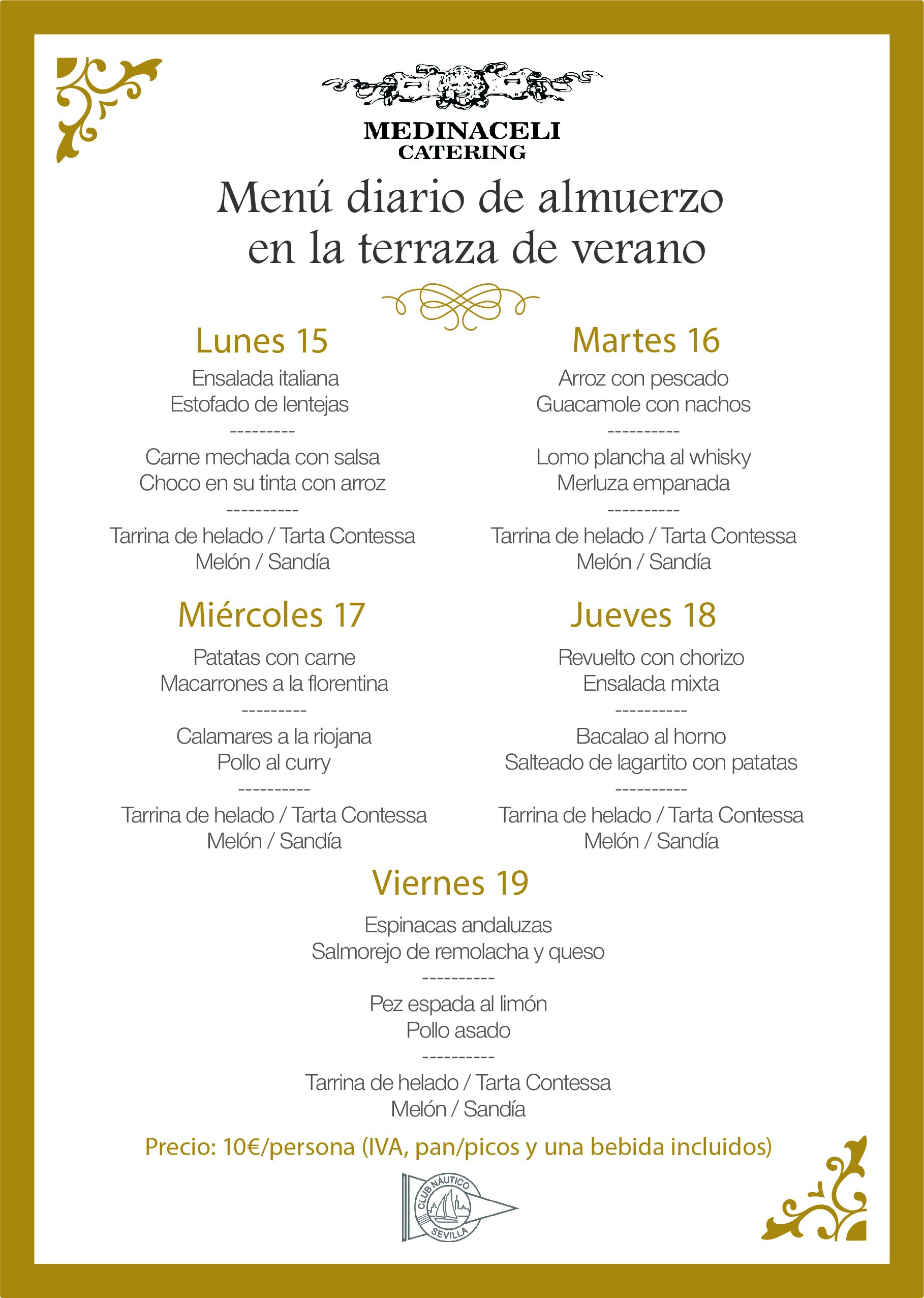 Menú intersemanal del servicio de restauración del Club Náutico