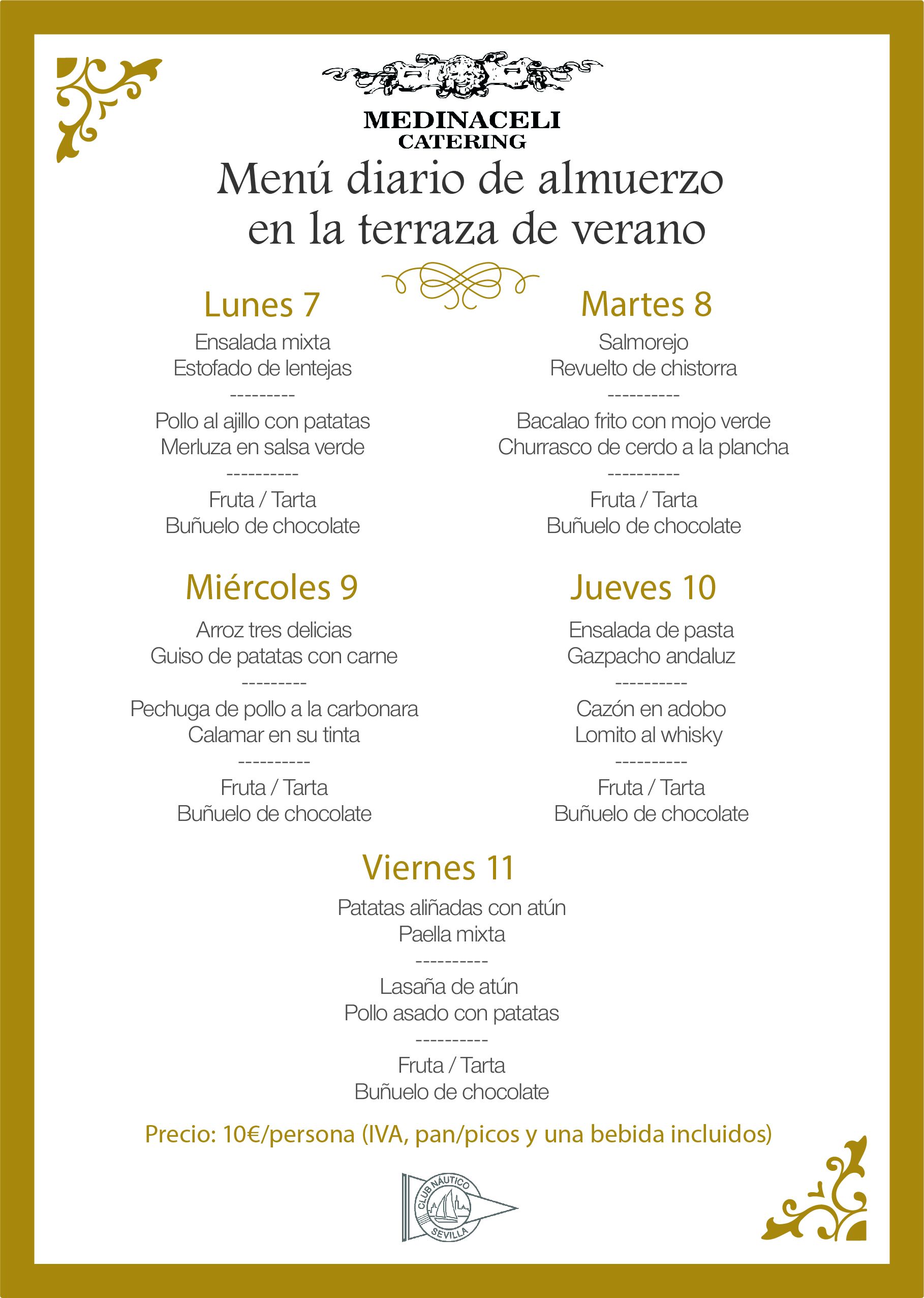 Menú intersemanal del servicio de restauración del Club Náutico