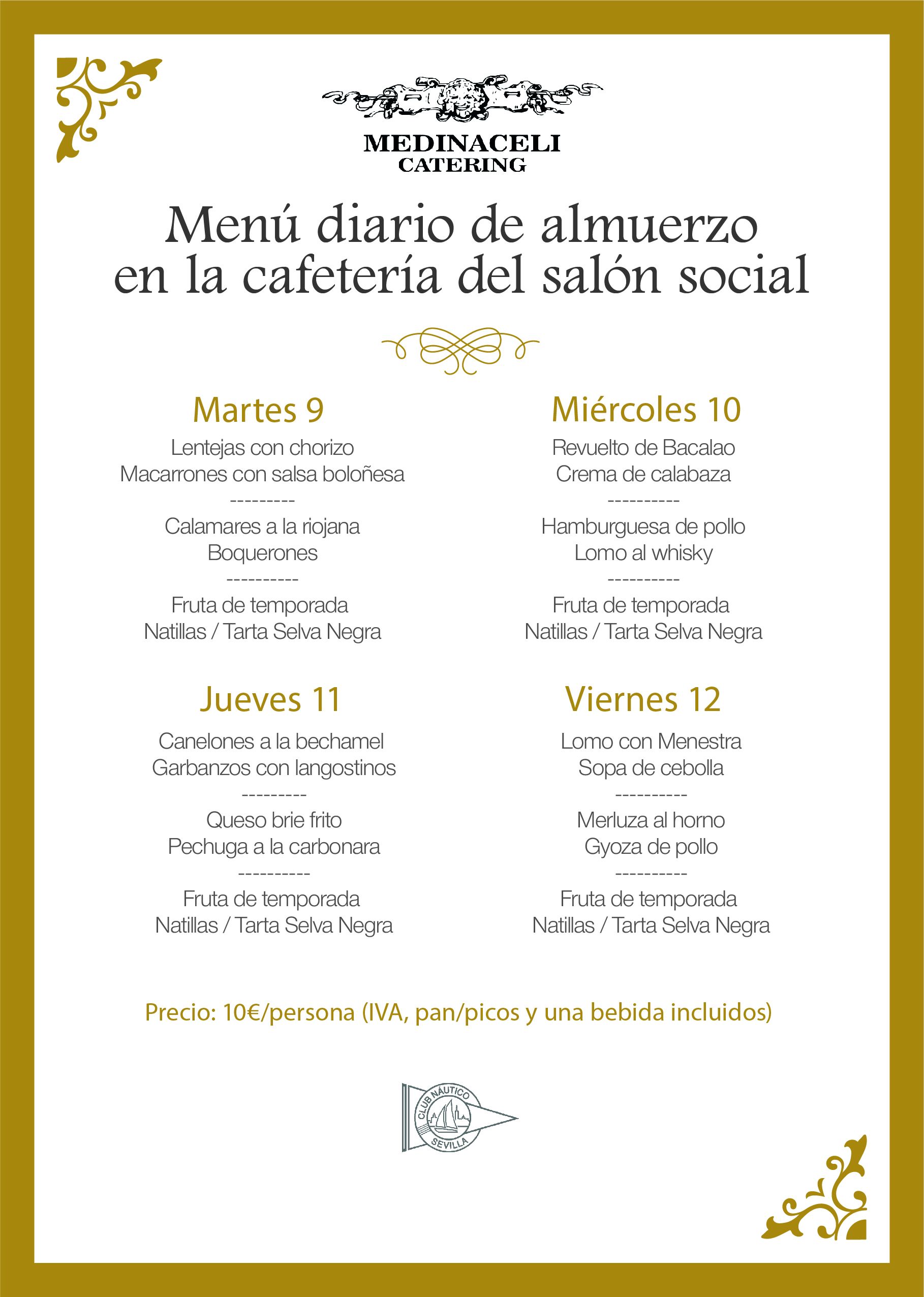 Menú intersemanal del servicio de restauración del Club Náutico