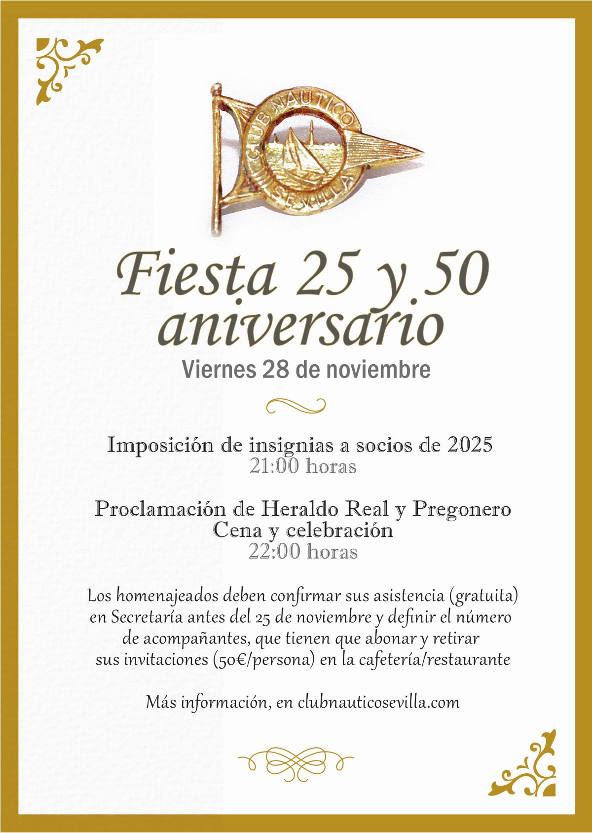 AVISO / Último día de reserva para la Fiesta 25 y 50 aniversario de socios del Club Náutico