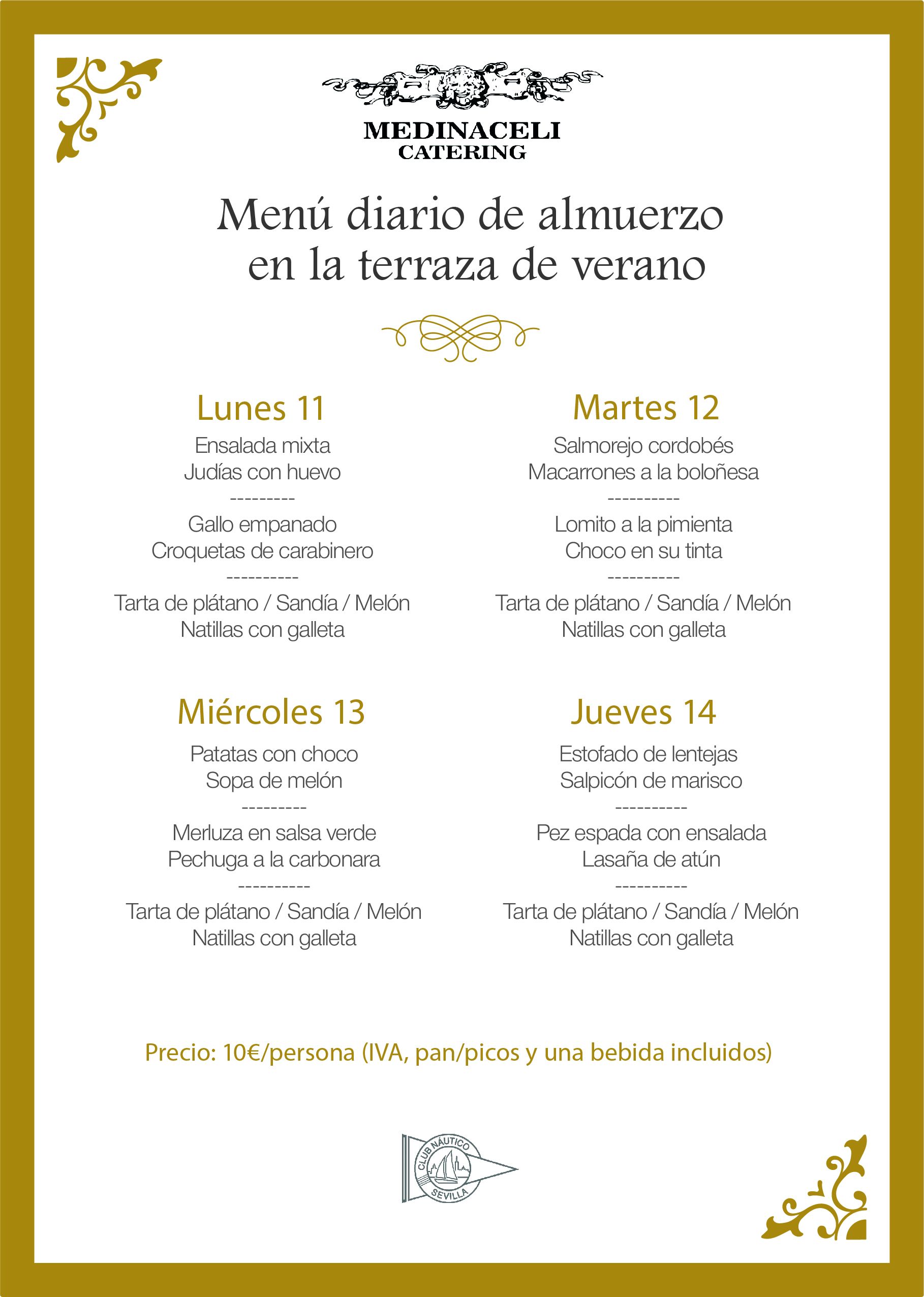 Menú intersemanal del servicio de restauración del Club Náutico