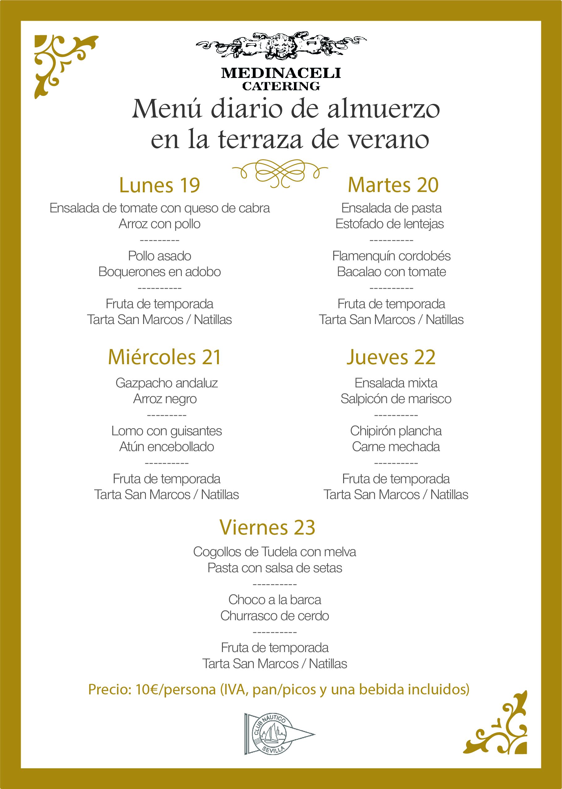 Menú intersemanal del servicio de restauración del Club Náutico