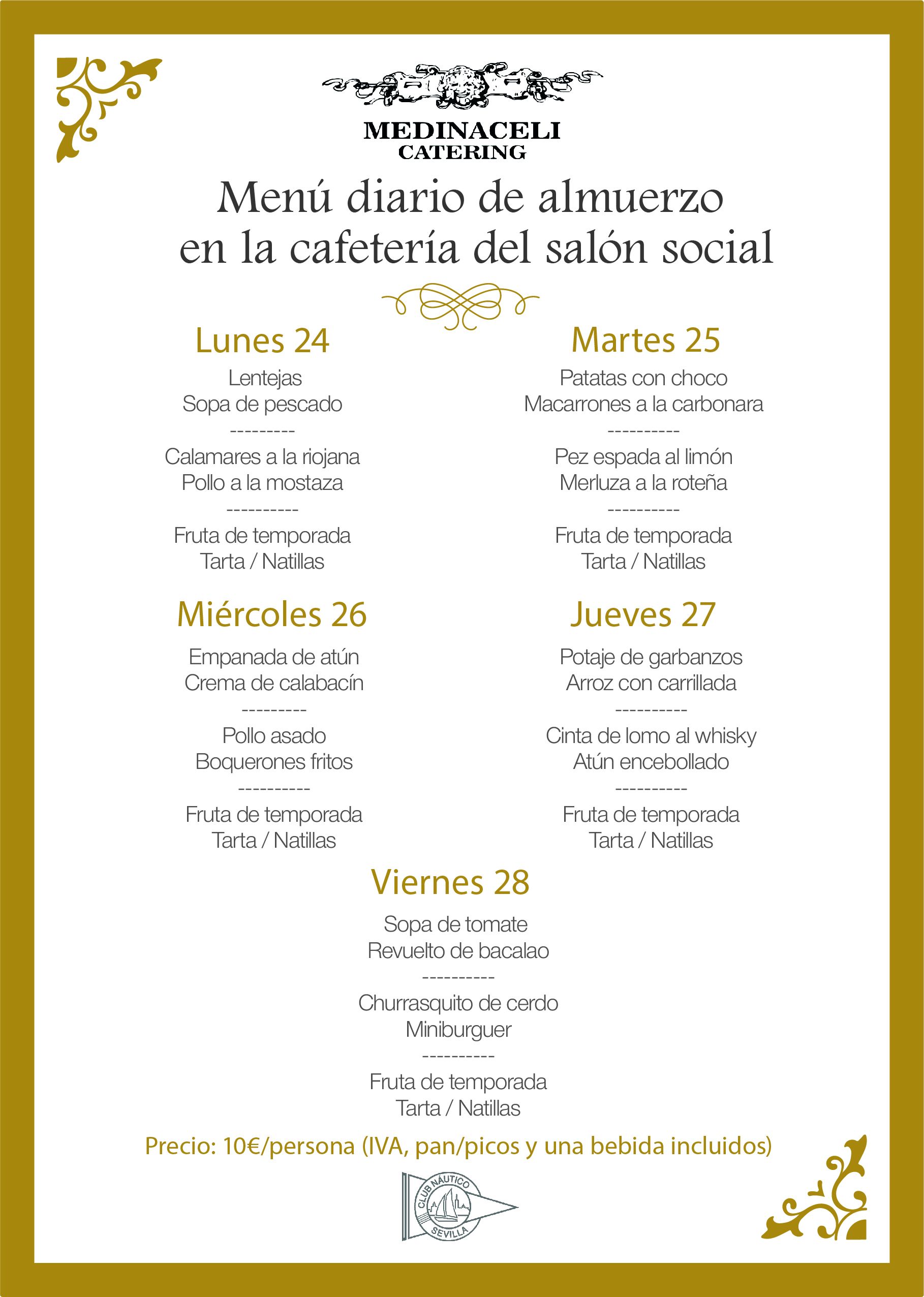 Menú intersemanal del servicio de restauración del Club Náutico