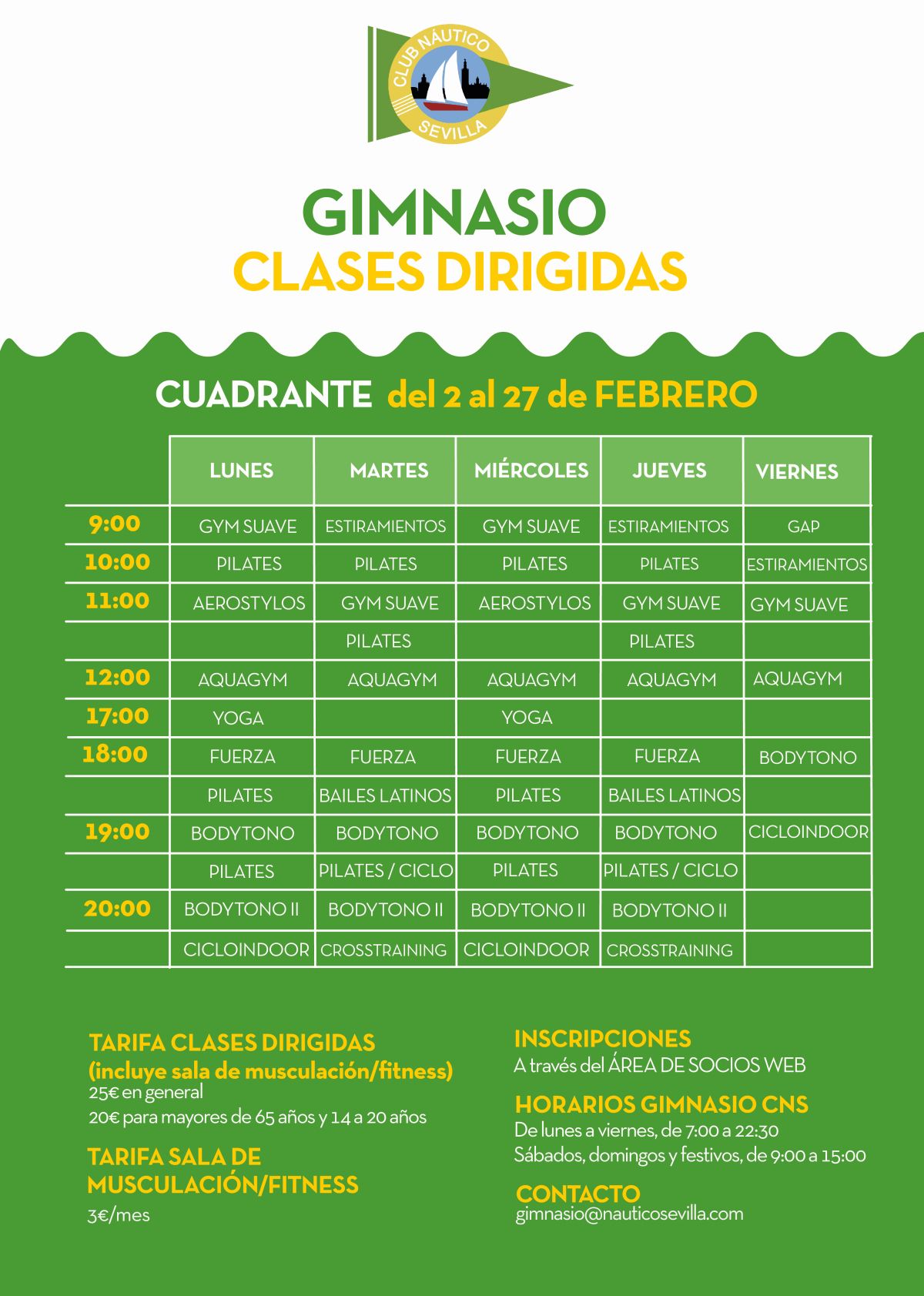 Actividades dirigidas del gimnasio del 2 al 27 de febrero