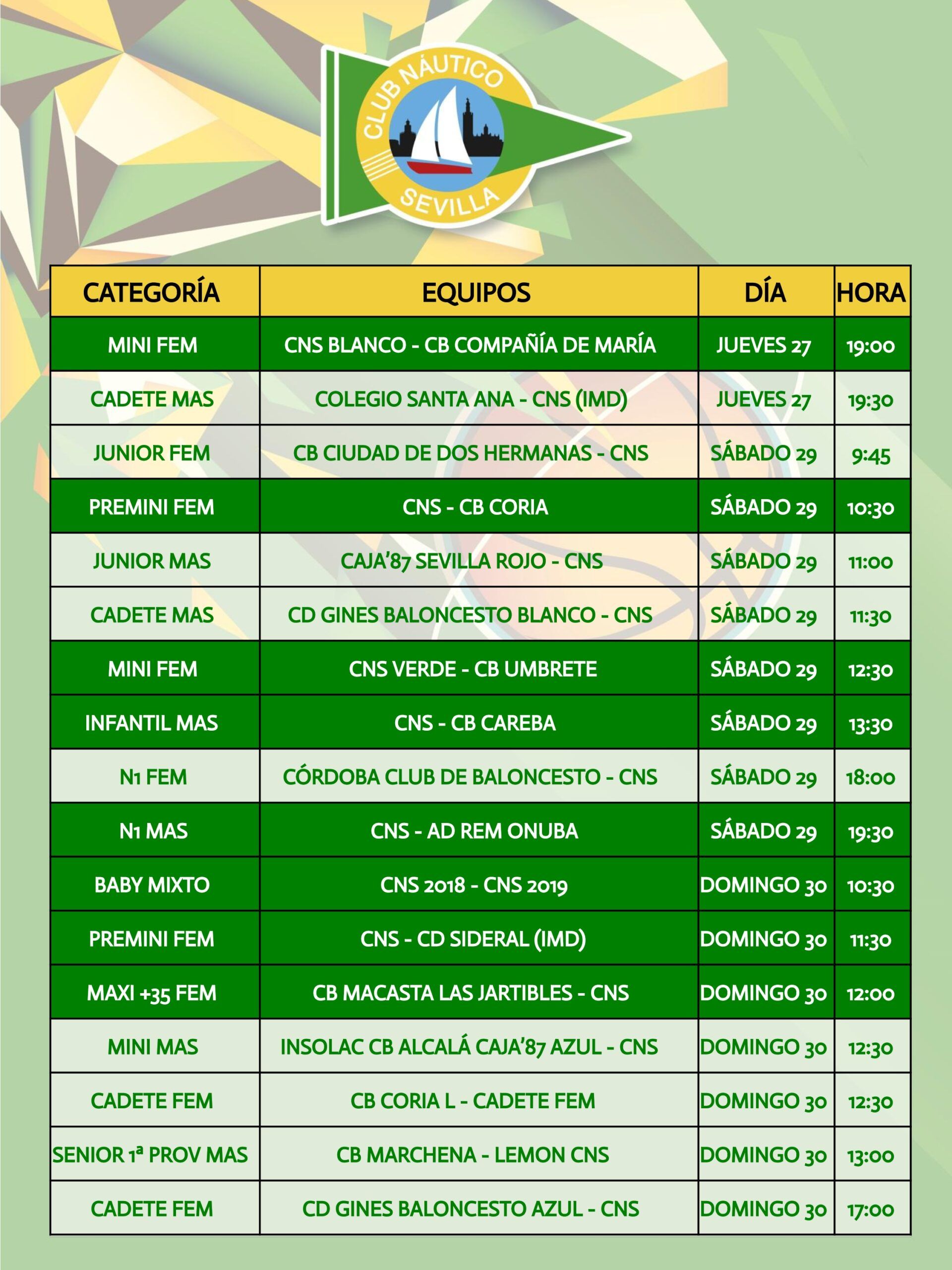 Agenda de la sección de baloncesto del Club Náutico