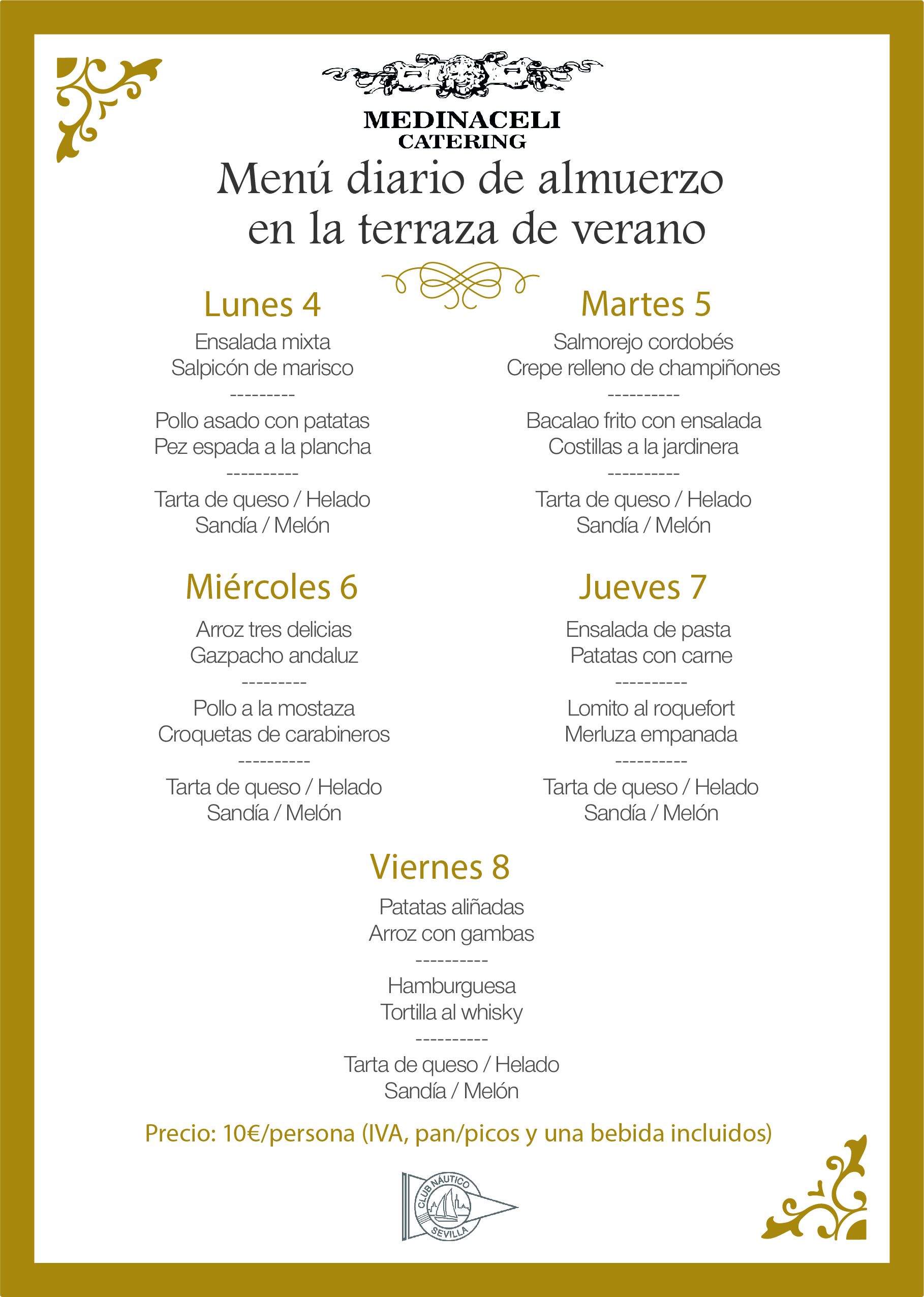 Menú intersemanal del servicio de restauración del Club Náutico