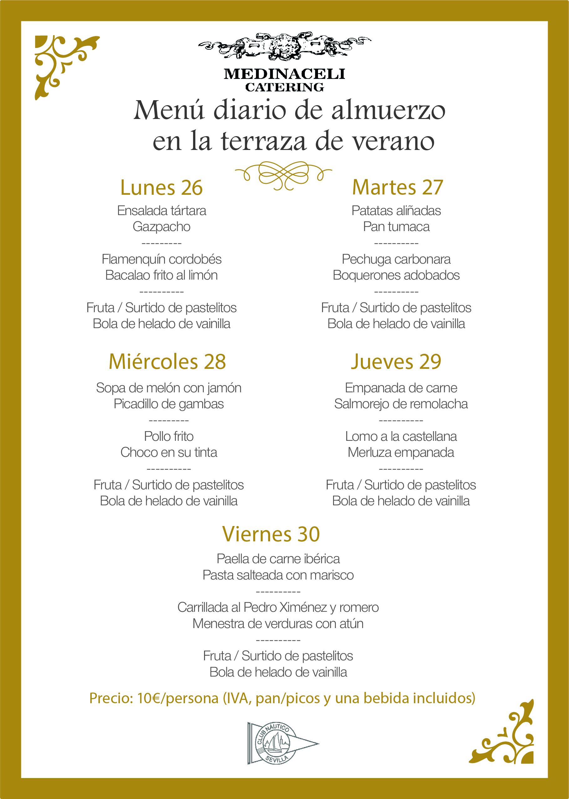 Menú intersemanal del servicio de restauración del Club Náutico