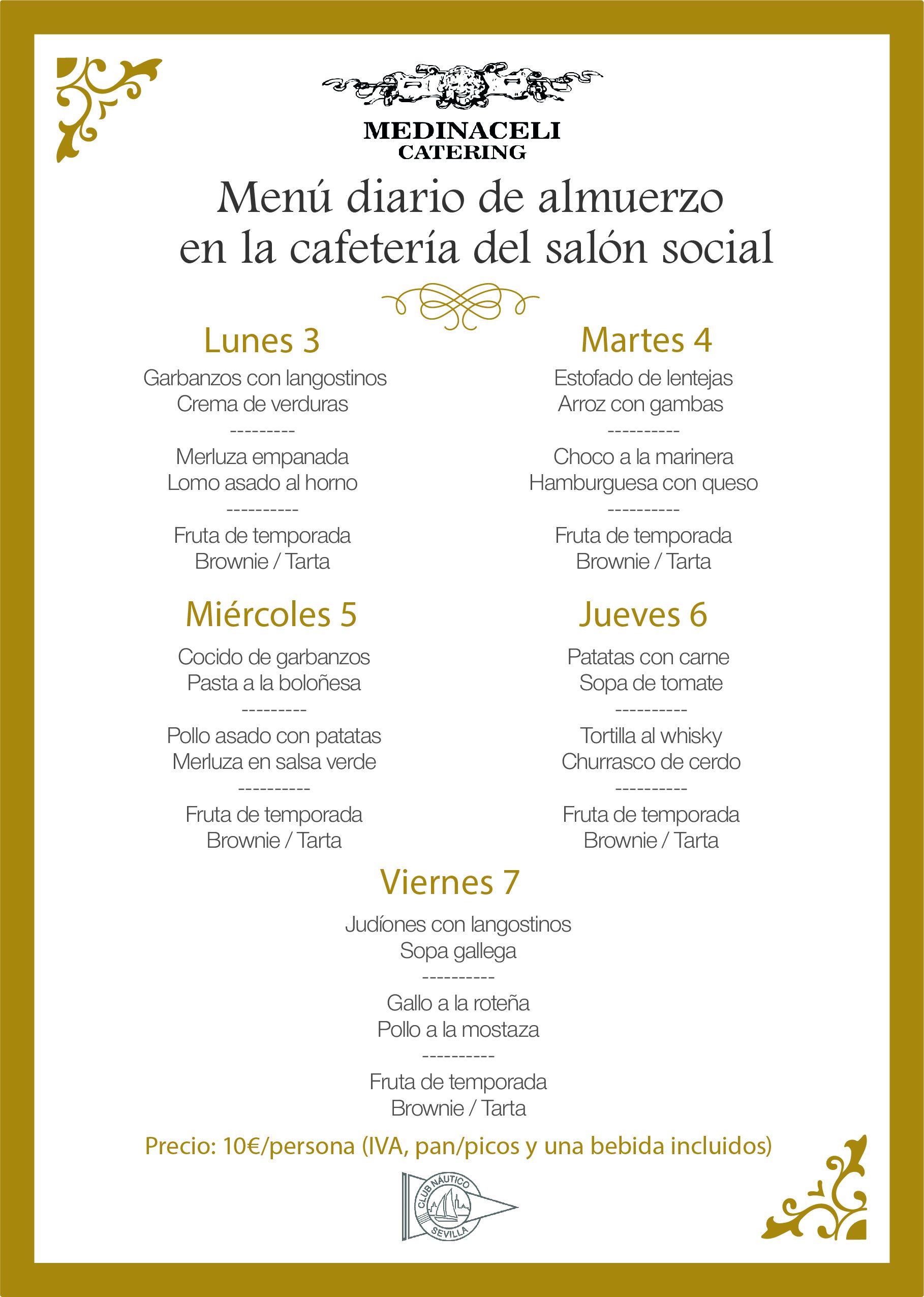 Menú intersemanal del servicio de restauración del Club Náutico