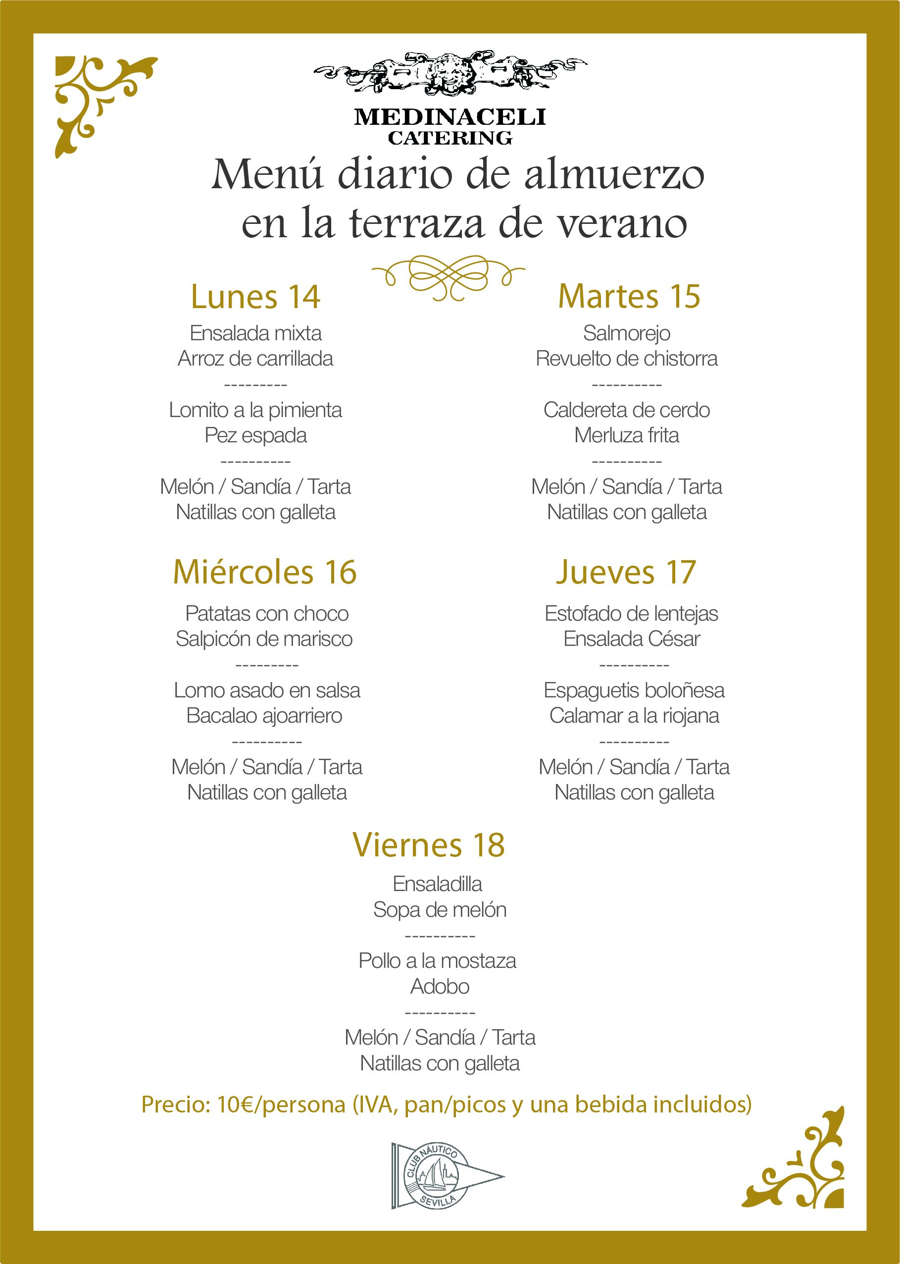Menú intersemanal del servicio de restauración del Club Náutico