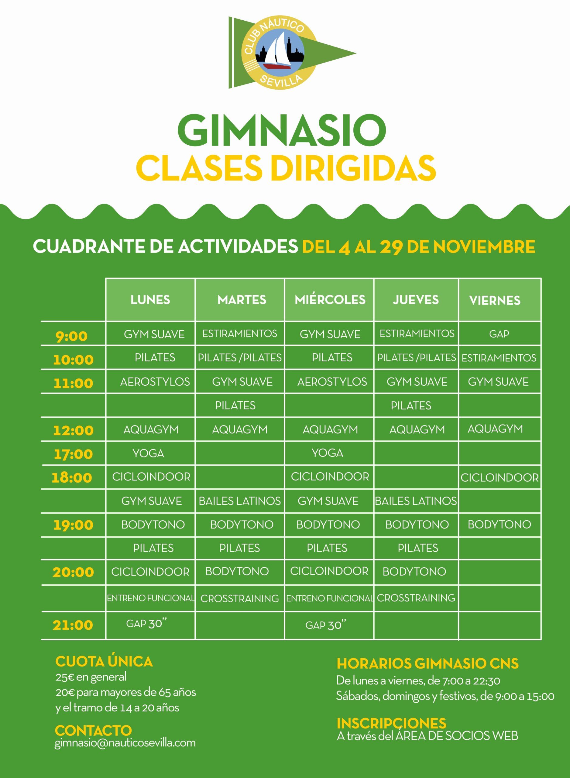 Actividades dirigidas del gimnasio en noviembre