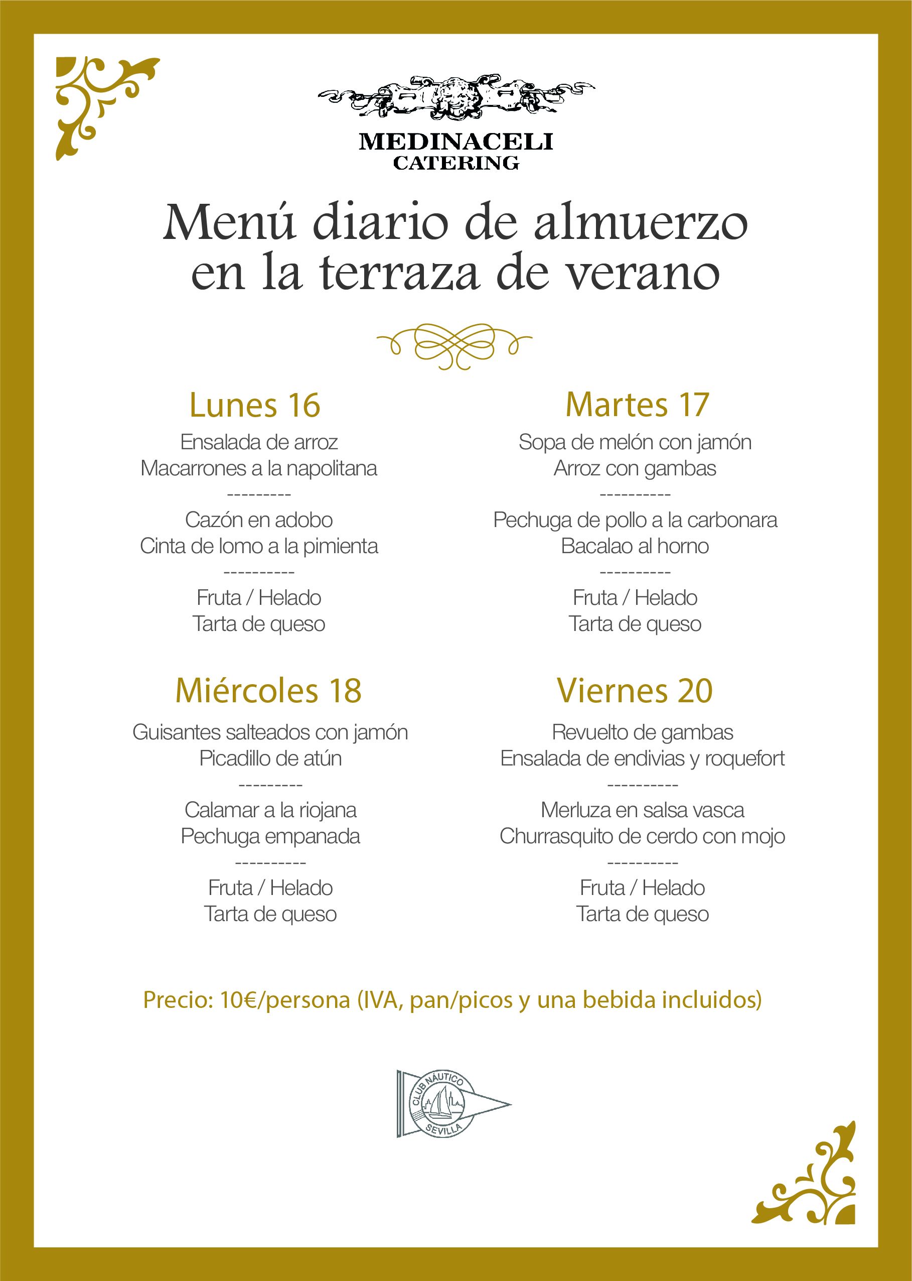 Menú intersemanal del servicio de restauración del Club Náutico