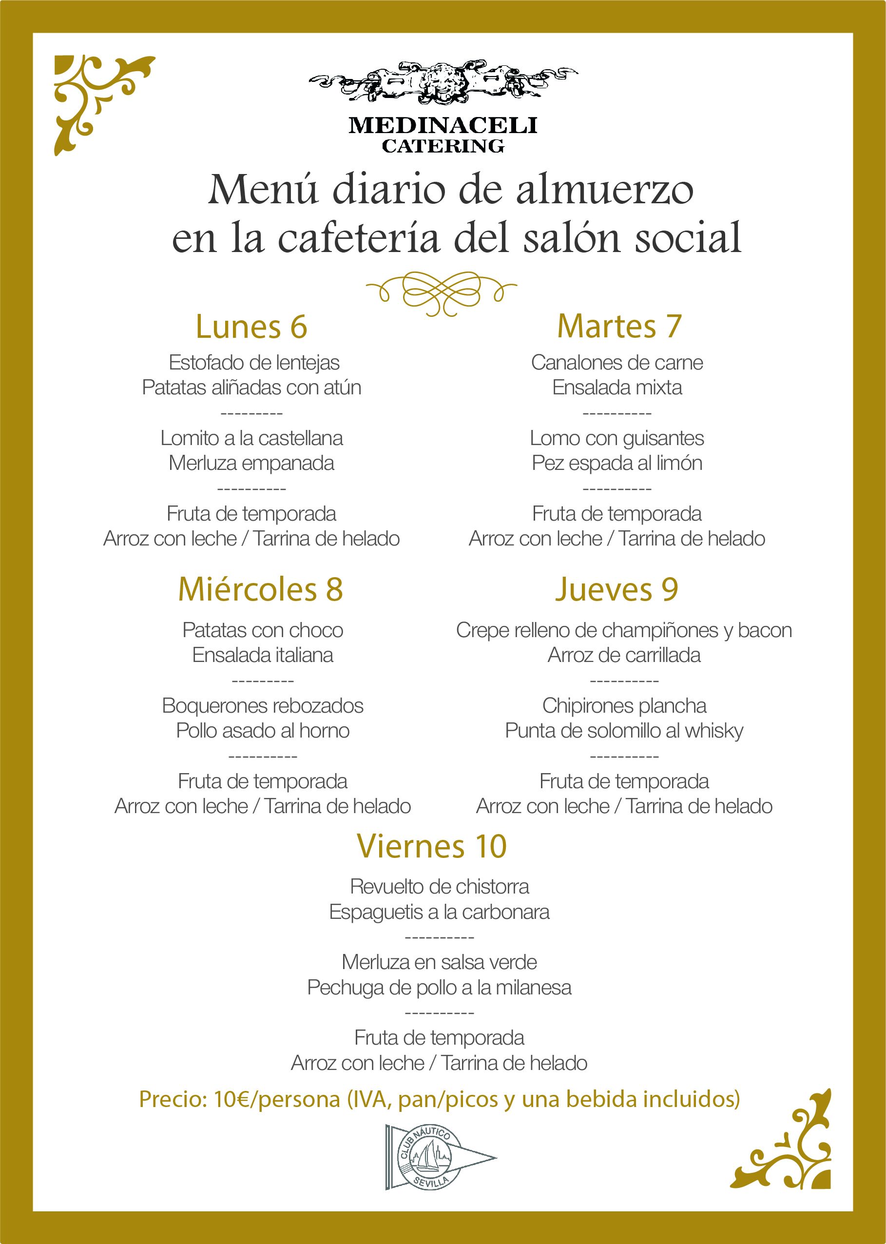 Menú intersemanal del servicio de restauración del Club Náutico