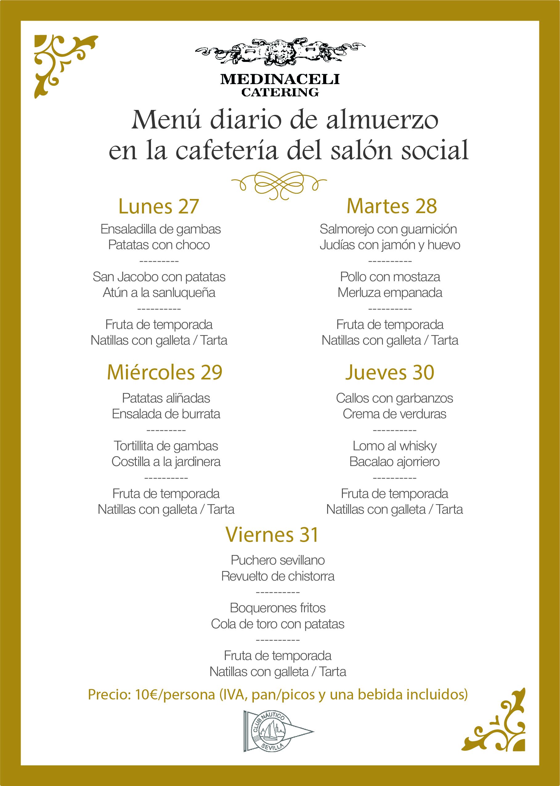 Menú intersemanal del servicio de restauración del Club Náutico