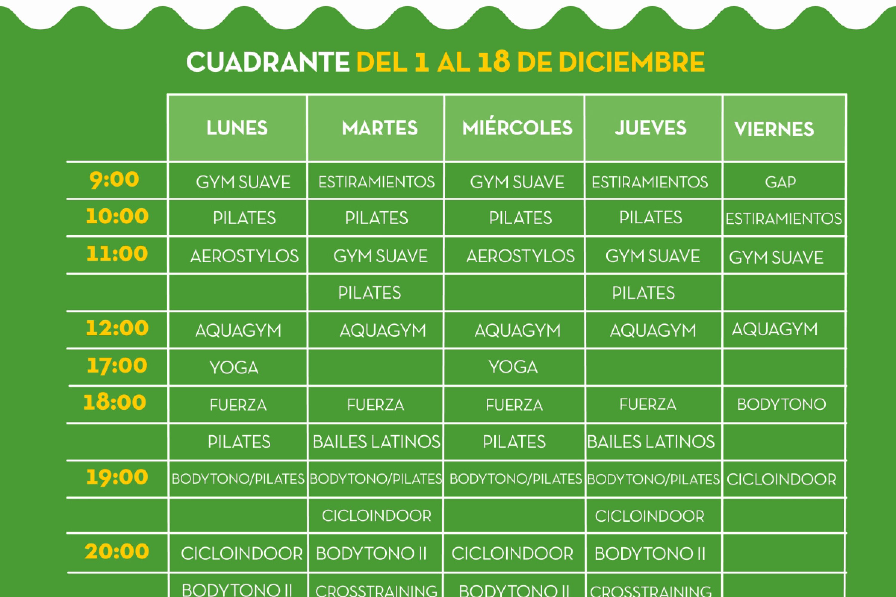 Actividades dirigidas del gimnasio en diciembre