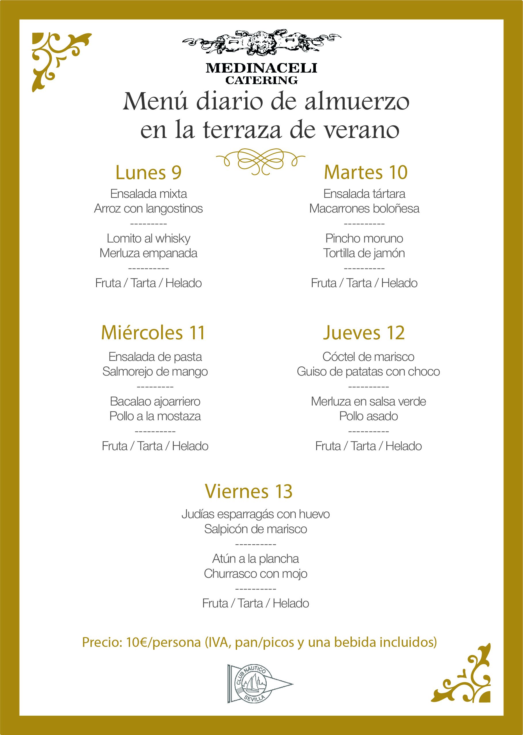 Menú intersemanal del servicio de restauración del Club Náutico