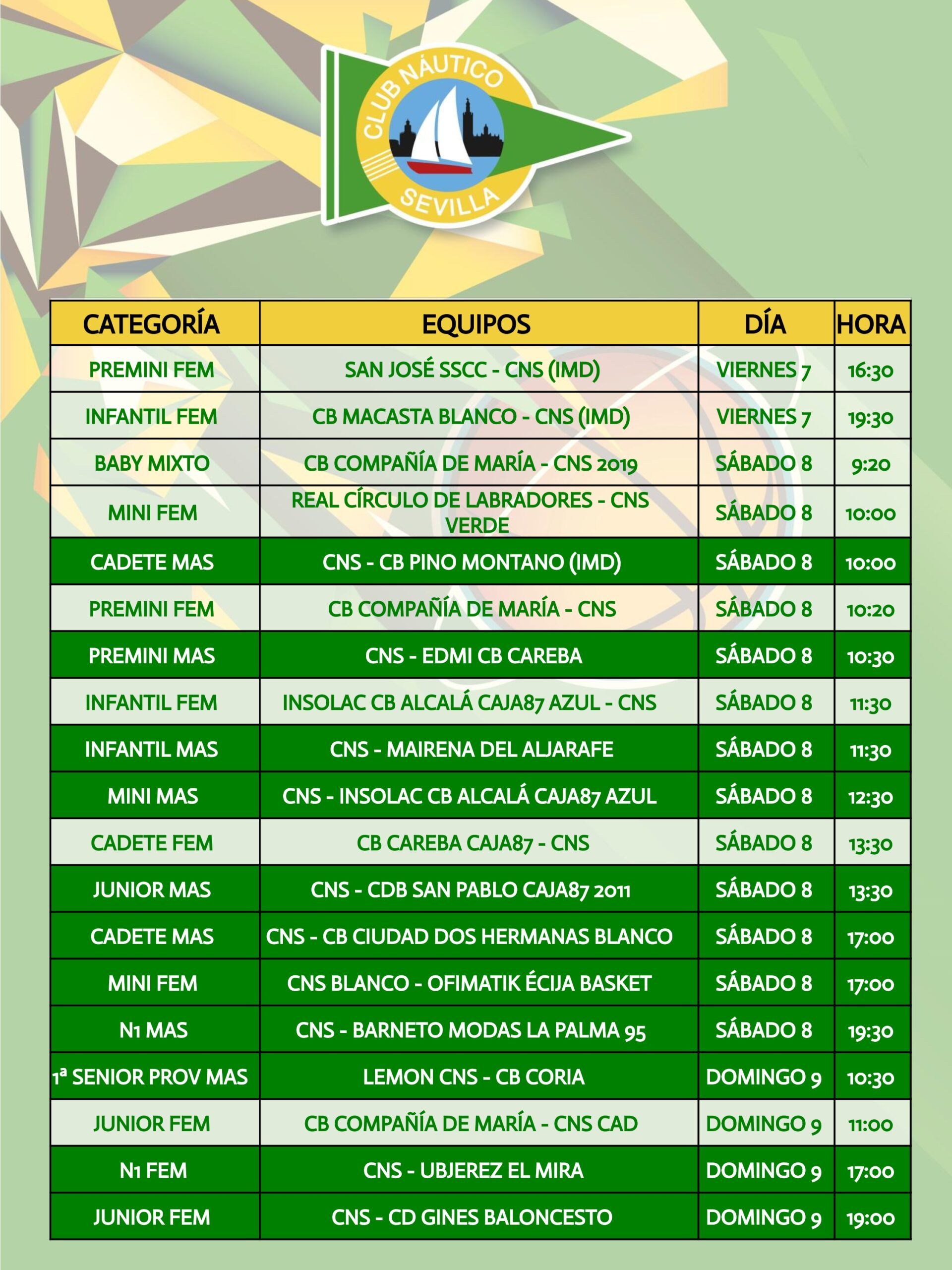 Agenda de la sección de baloncesto del Club Náutico