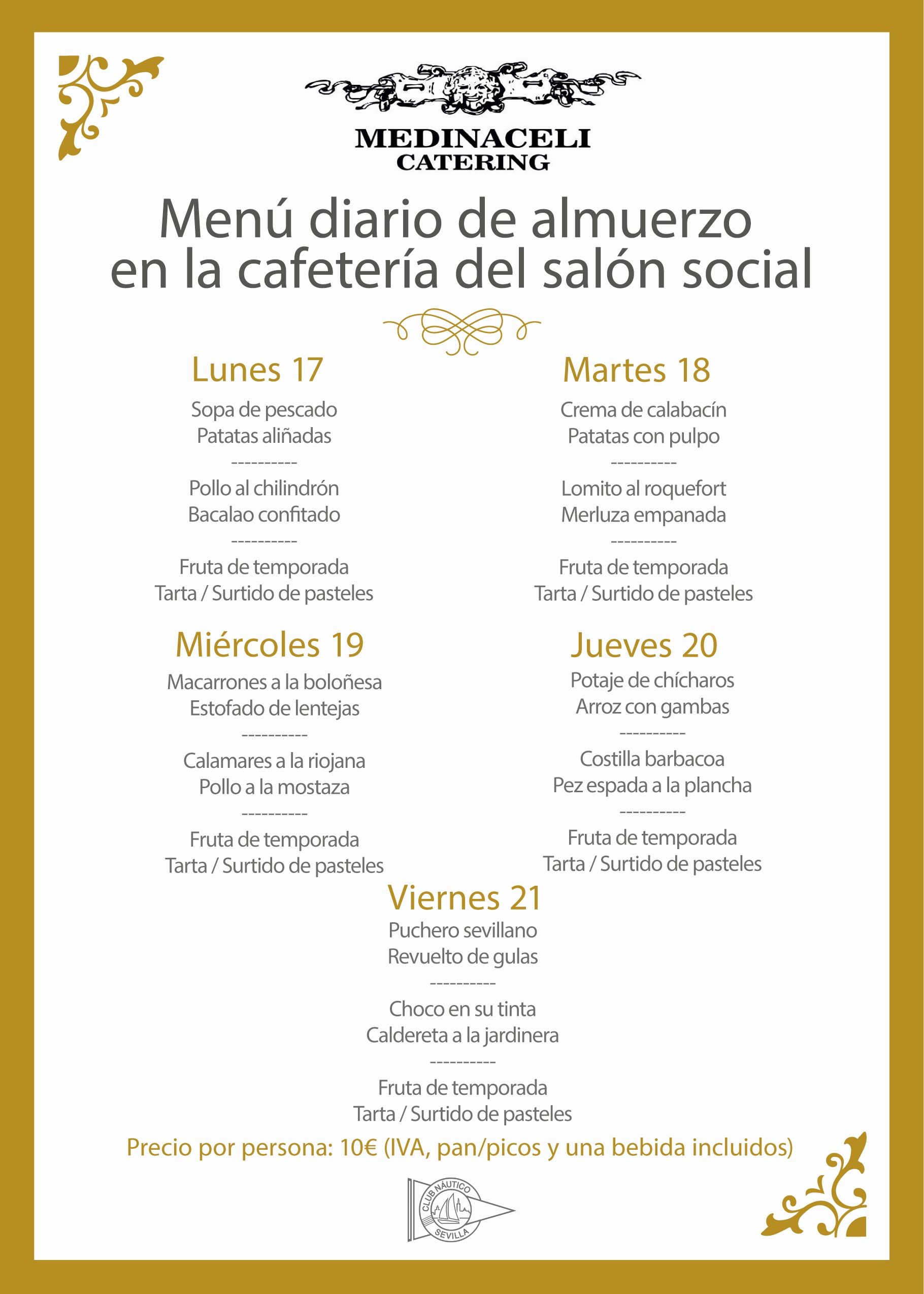 Menú intersemanal del servicio de restauración del Club Náutico