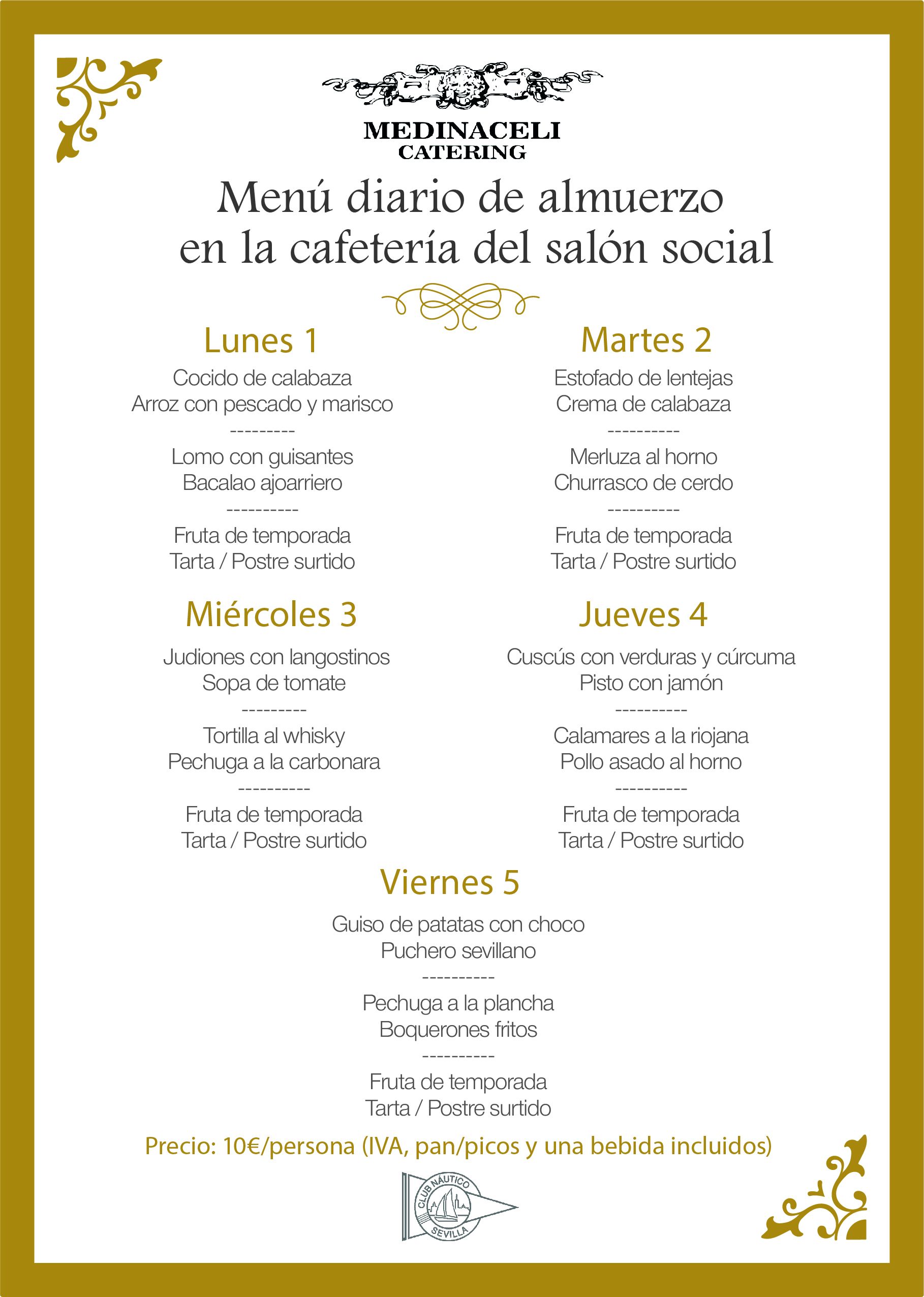 Menú intersemanal del servicio de restauración del Club Náutico