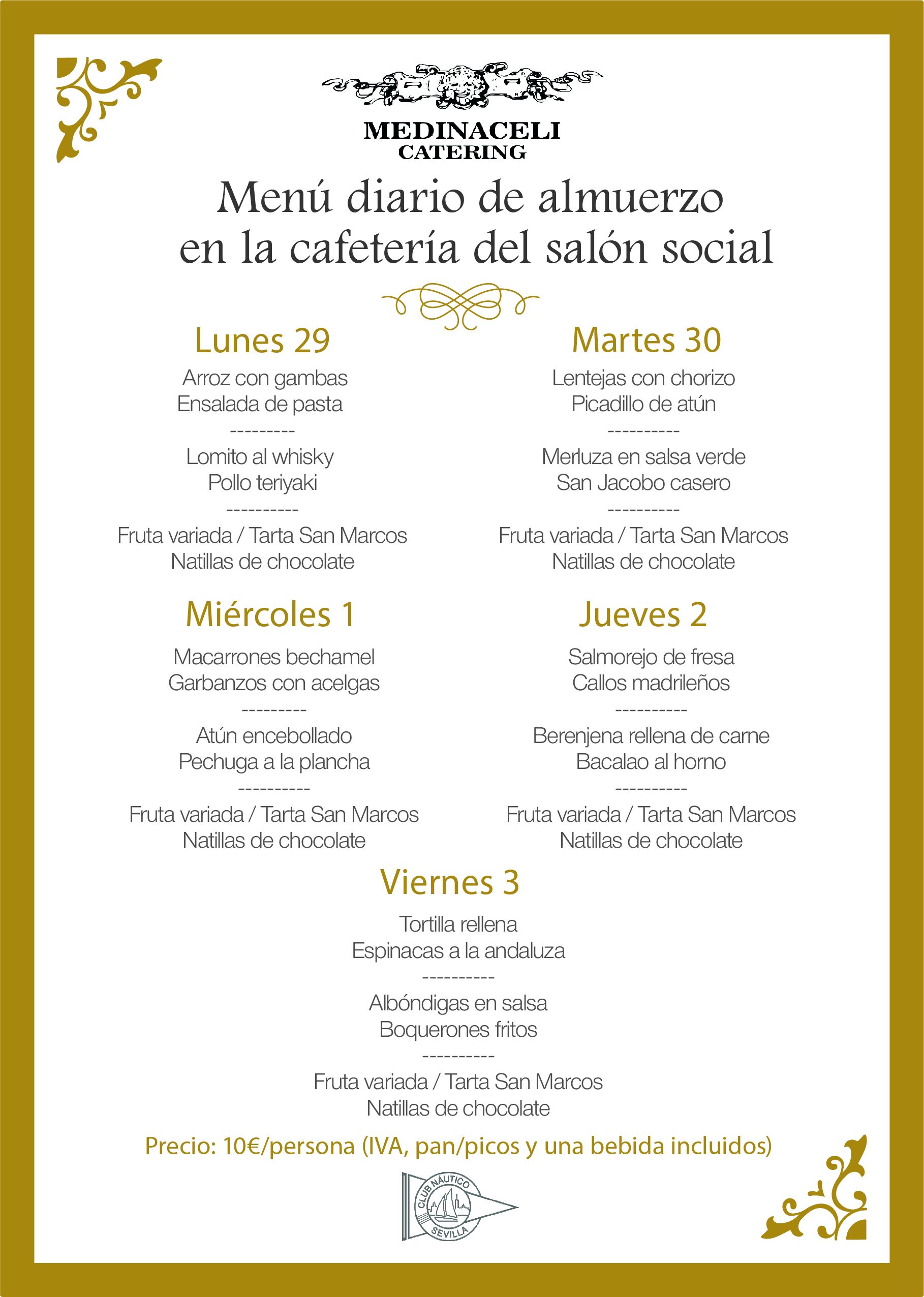 Menú intersemanal del servicio de restauración del Club Náutico
