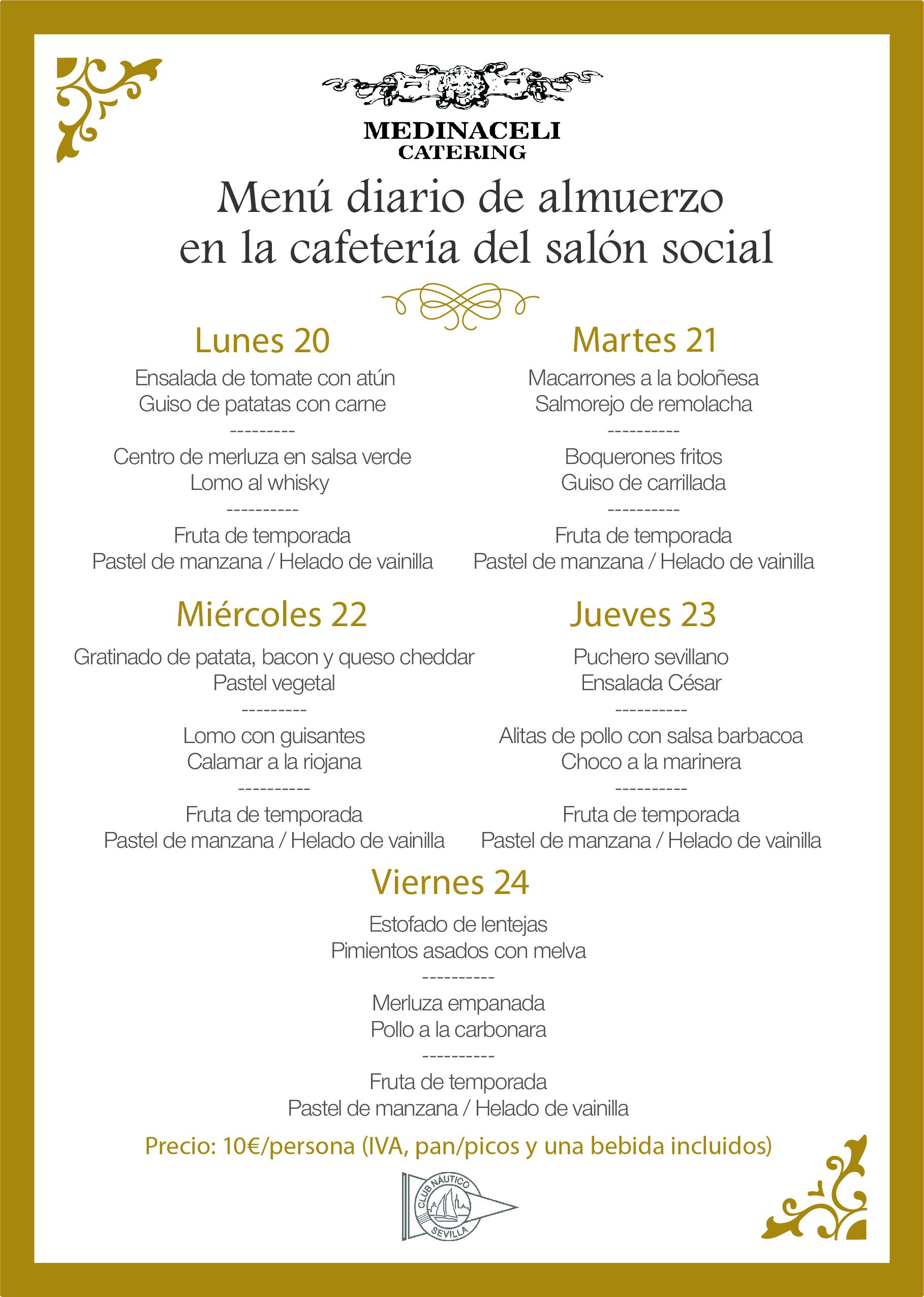 Menú intersemanal del servicio de restauración del Club Náutico