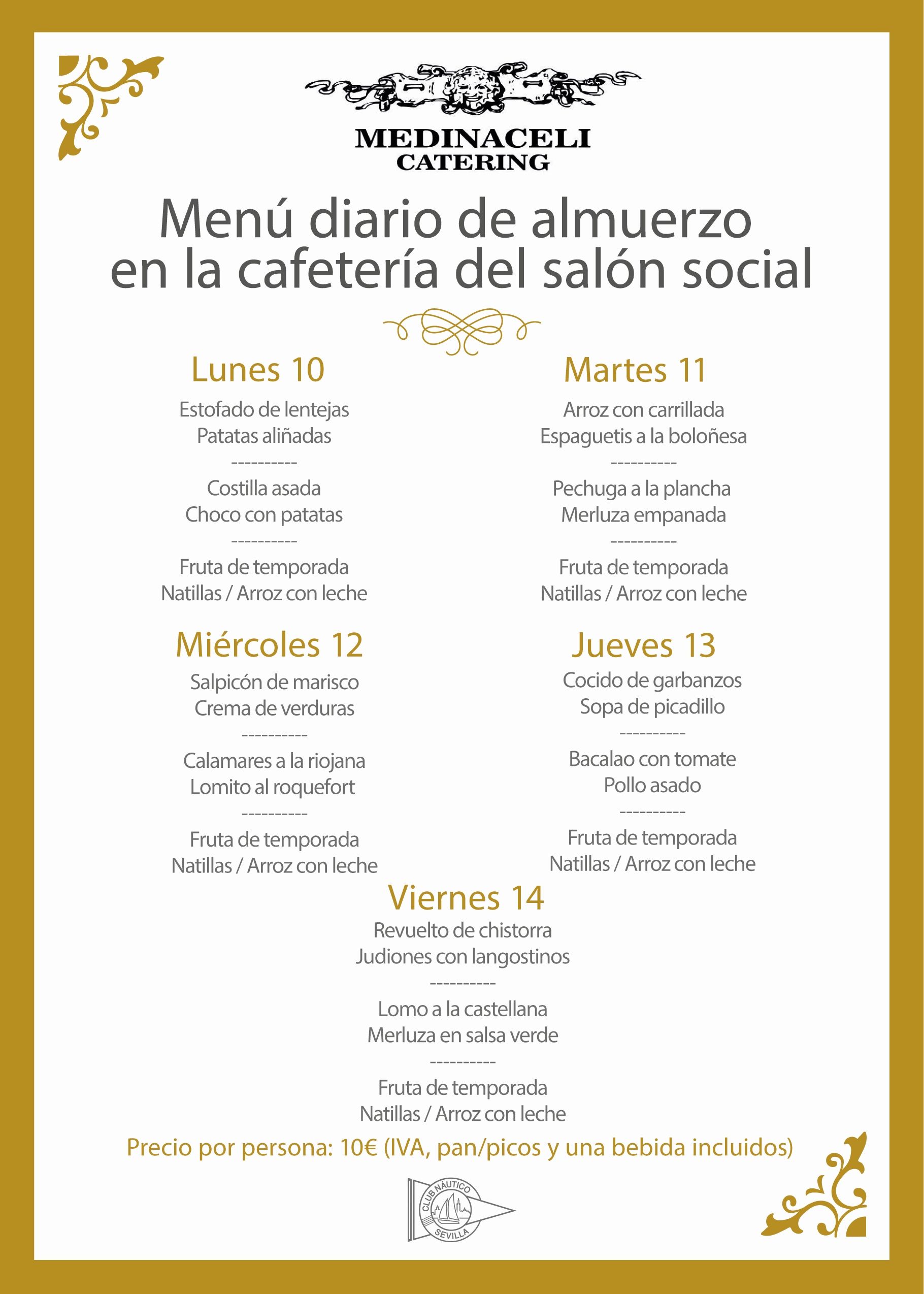 Menú intersemanal del servicio de restauración del Club Náutico