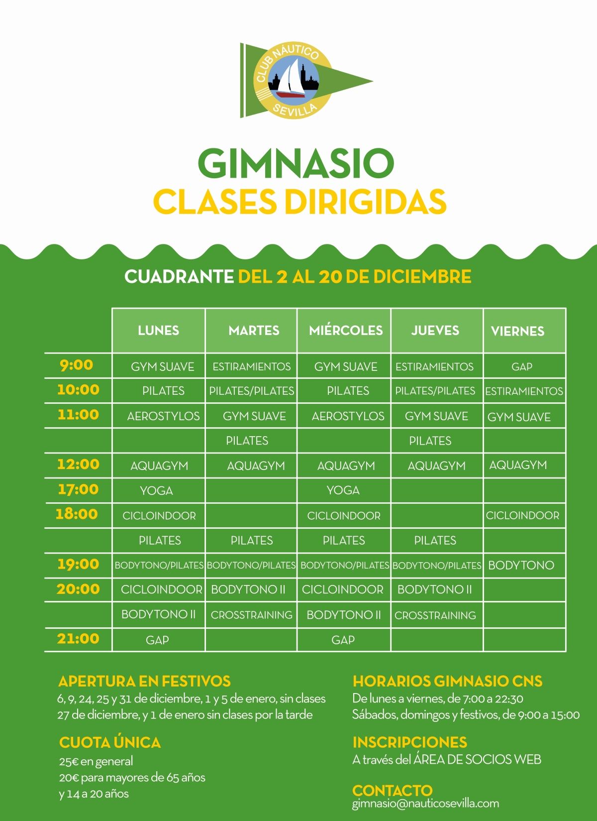 Actividades dirigidas del gimnasio en diciembre