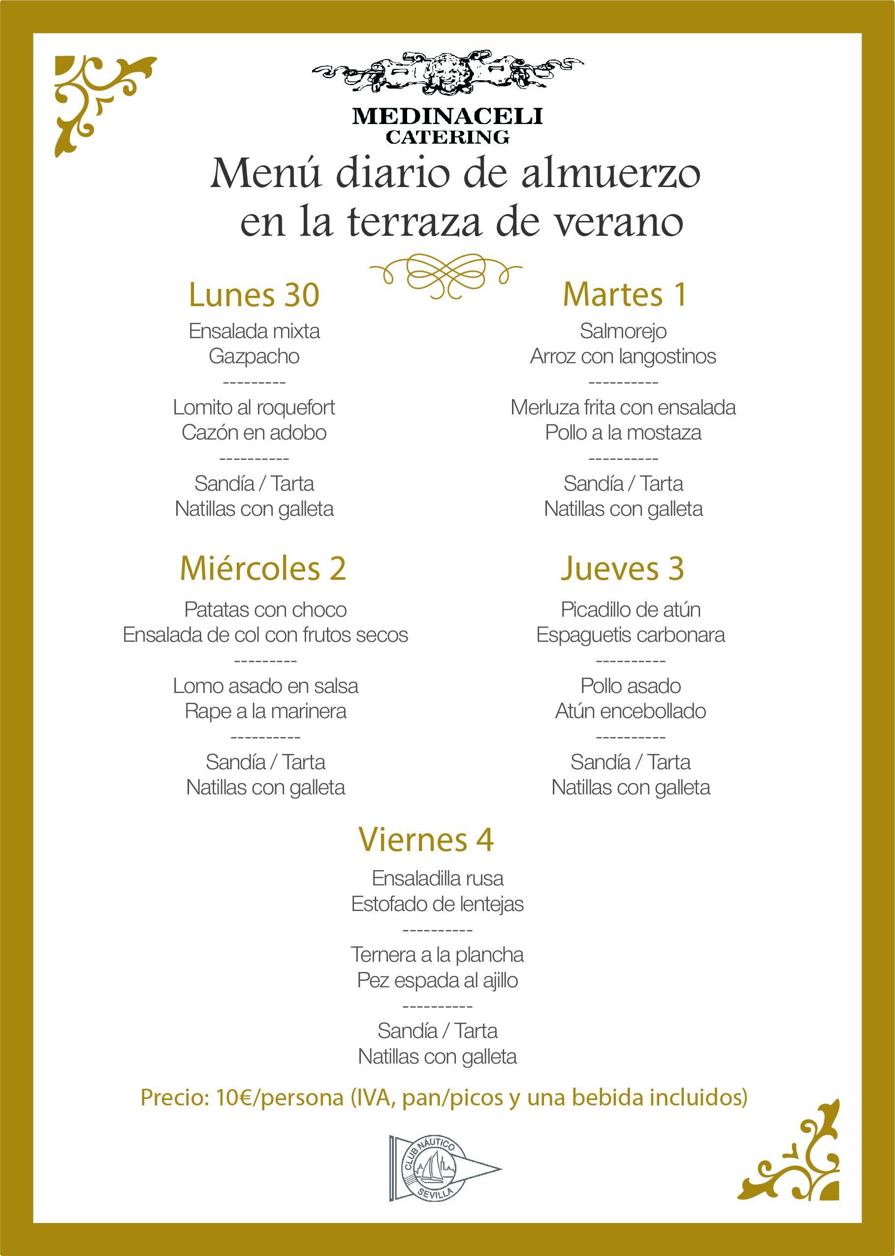 Menú intersemanal del servicio de restauración del Club Náutico