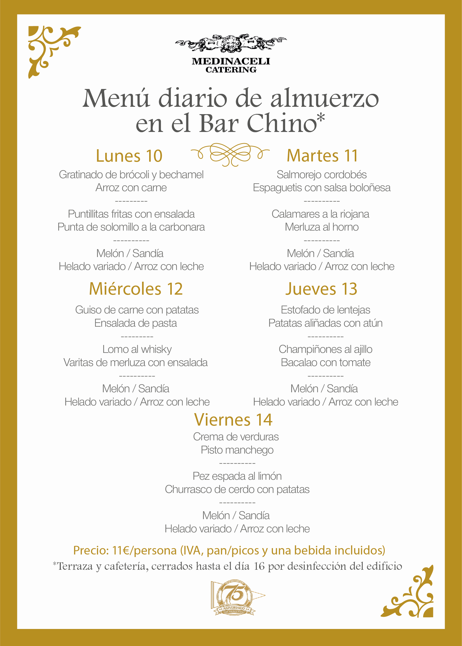 Menú intersemanal del servicio de restauración del Club Náutico