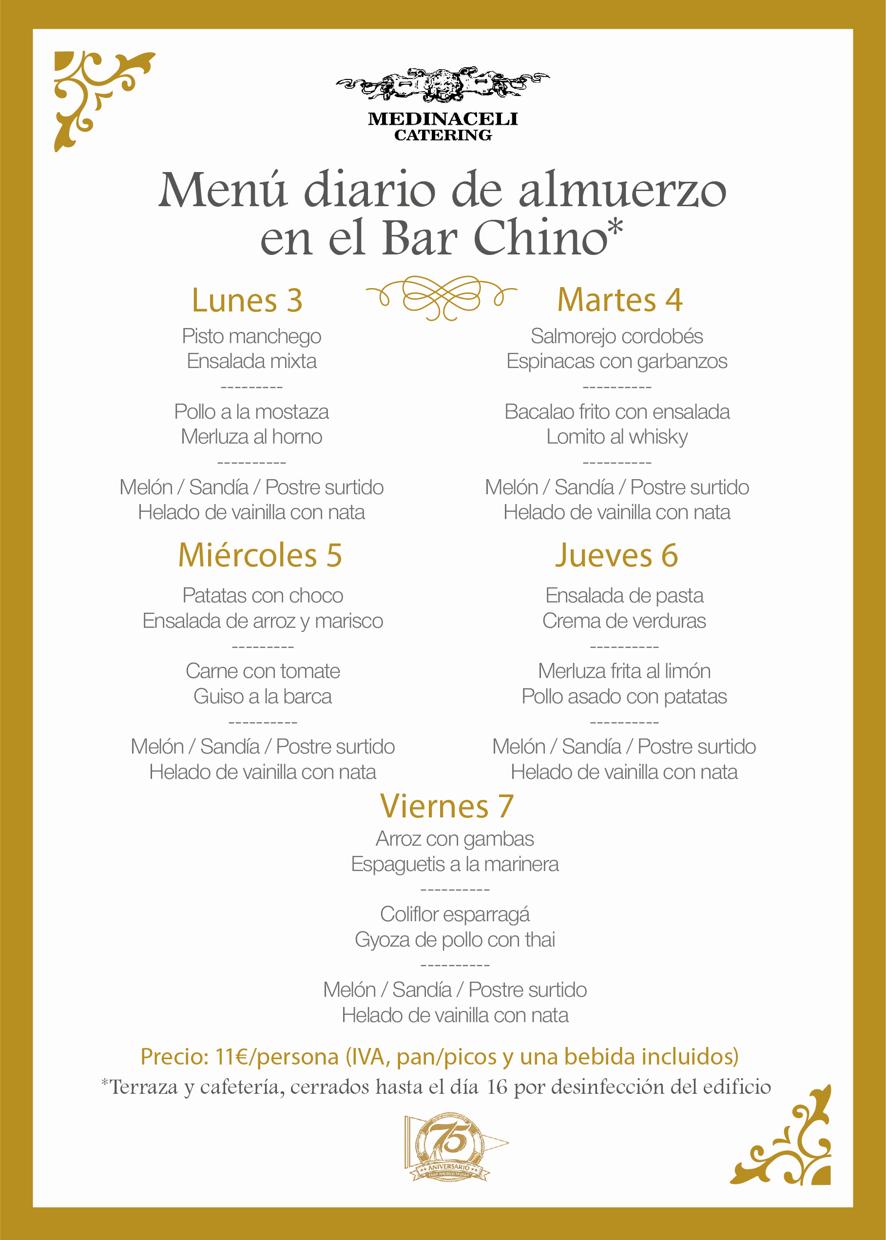 Menú intersemanal del servicio de restauración del Club Náutico