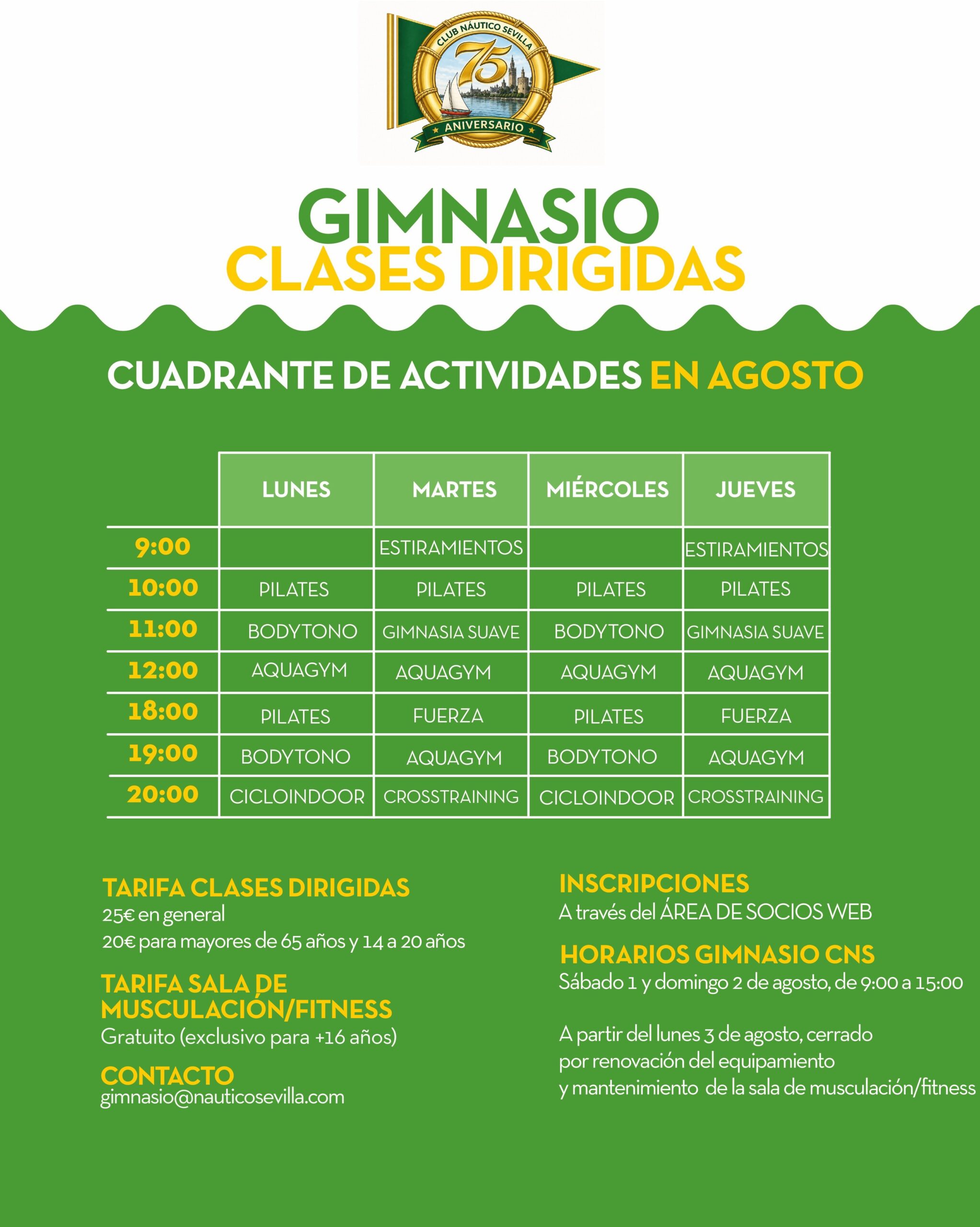 Actividades dirigidas del gimnasio en agosto