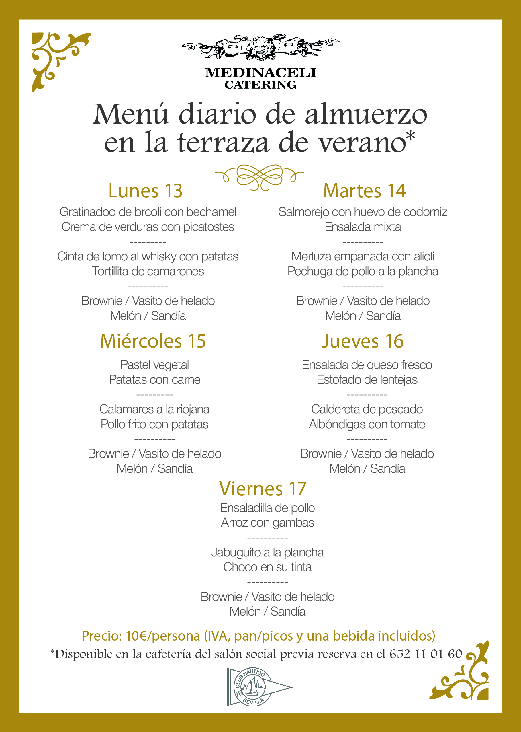 Menú intersemanal del servicio de restauración del Club Náutico