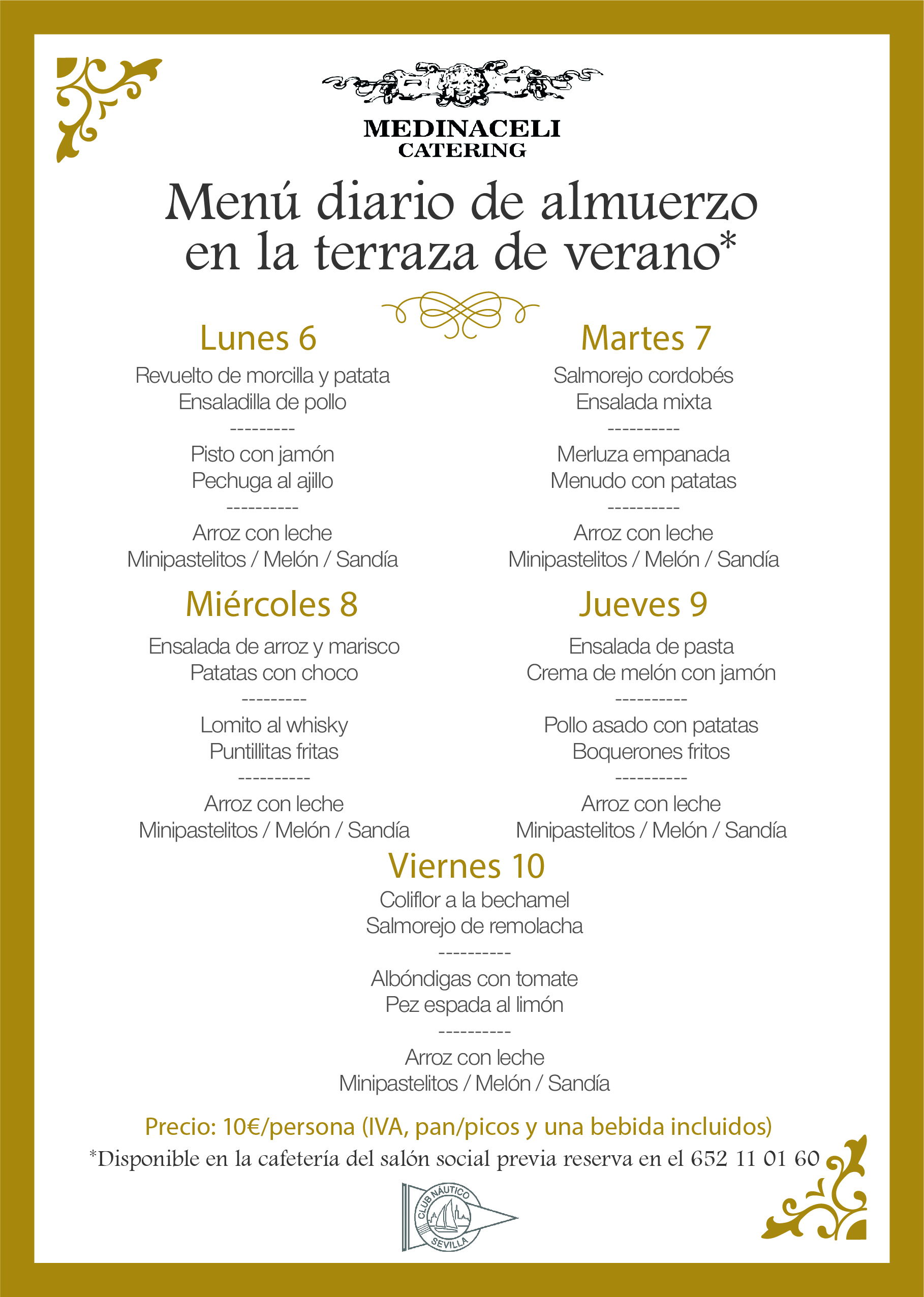 Menú intersemanal del servicio de restauración del Club Náutico