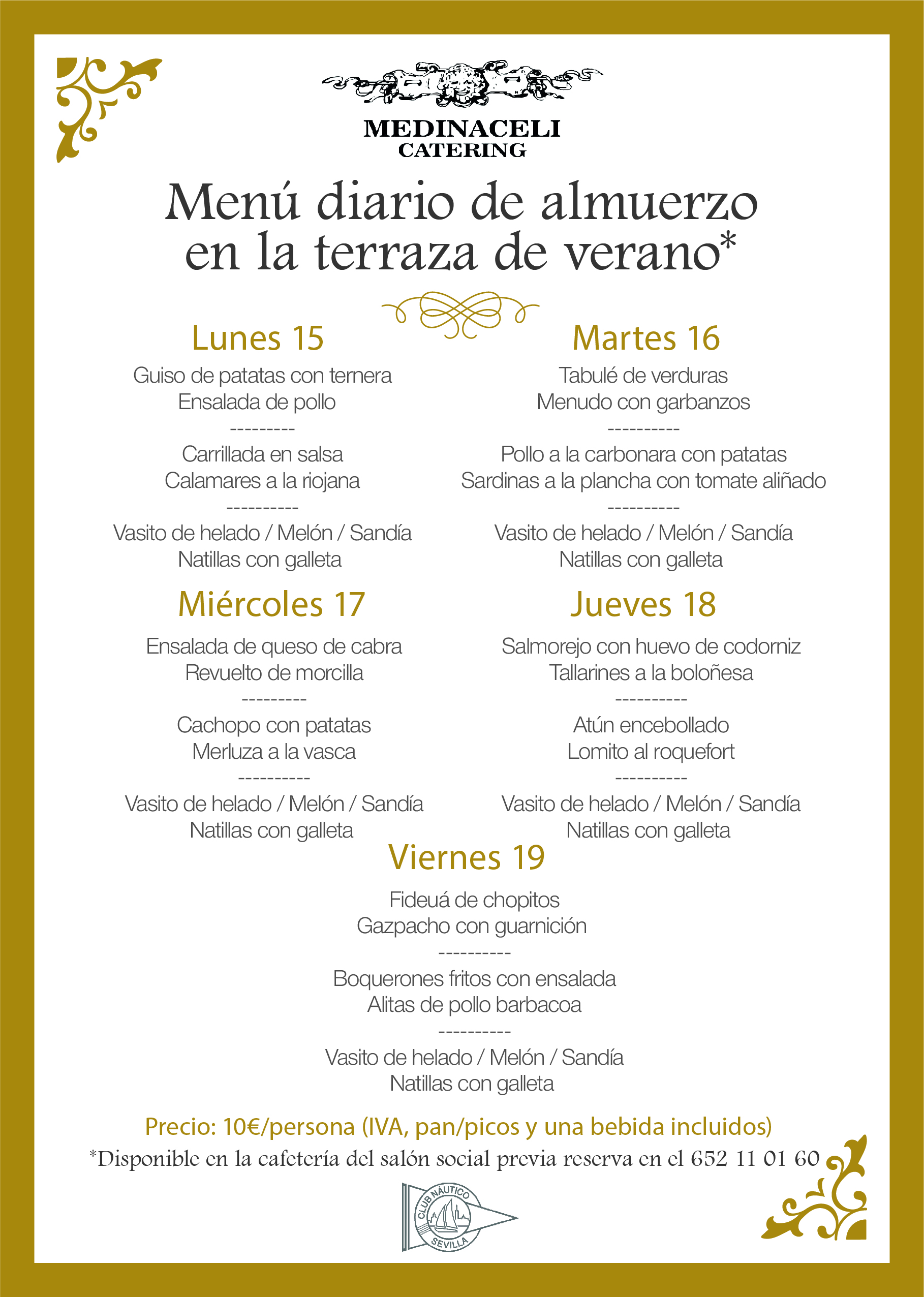Menú intersemanal del servicio de restauración del Club Náutico