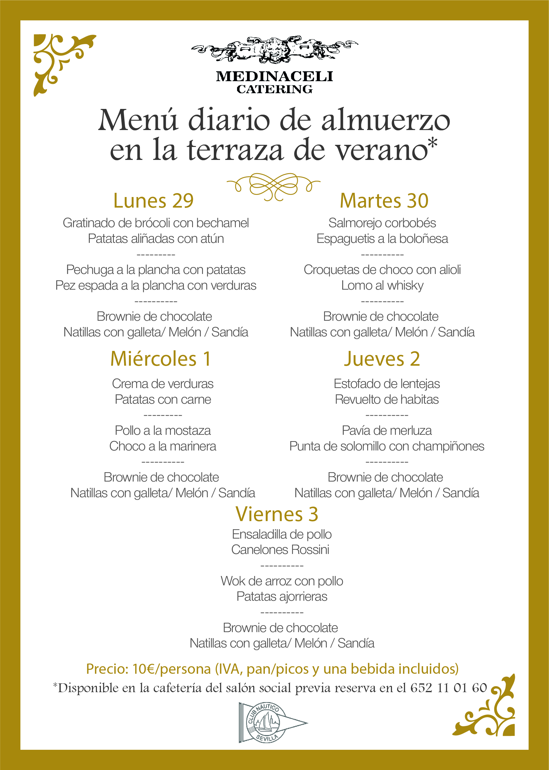 Menú intersemanal del servicio de restauración del Club Náutico