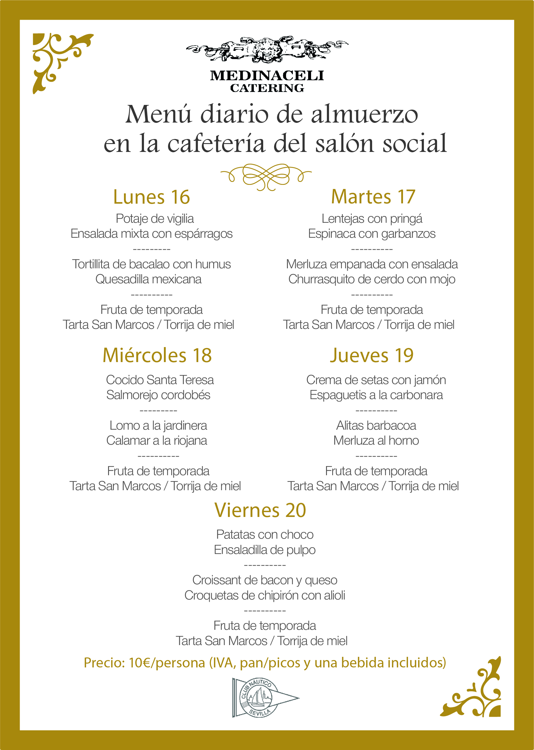 Menú intersemanal del servicio de restauración del Club Náutico