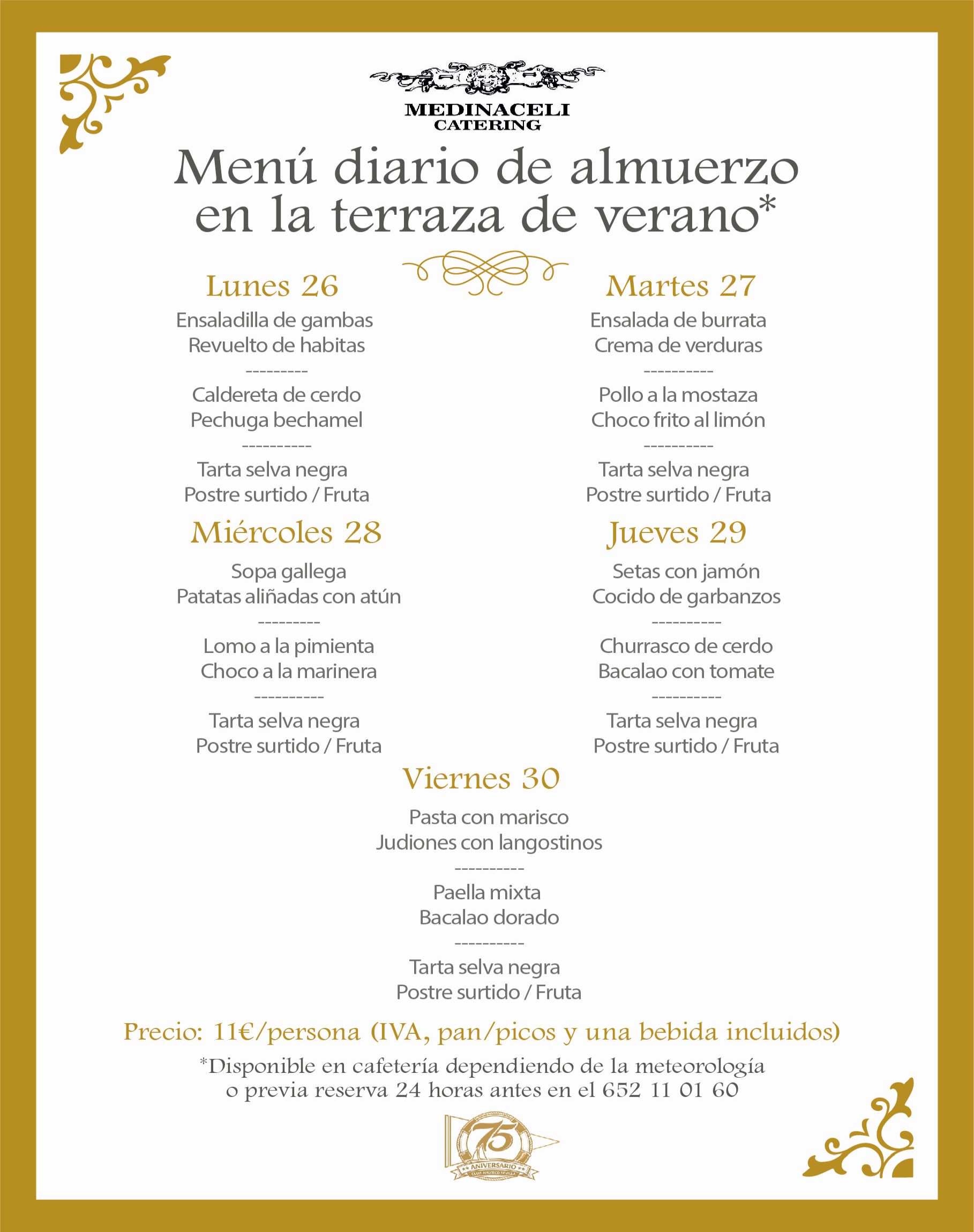 Menú intersemanal del servicio de restauración del Club Náutico