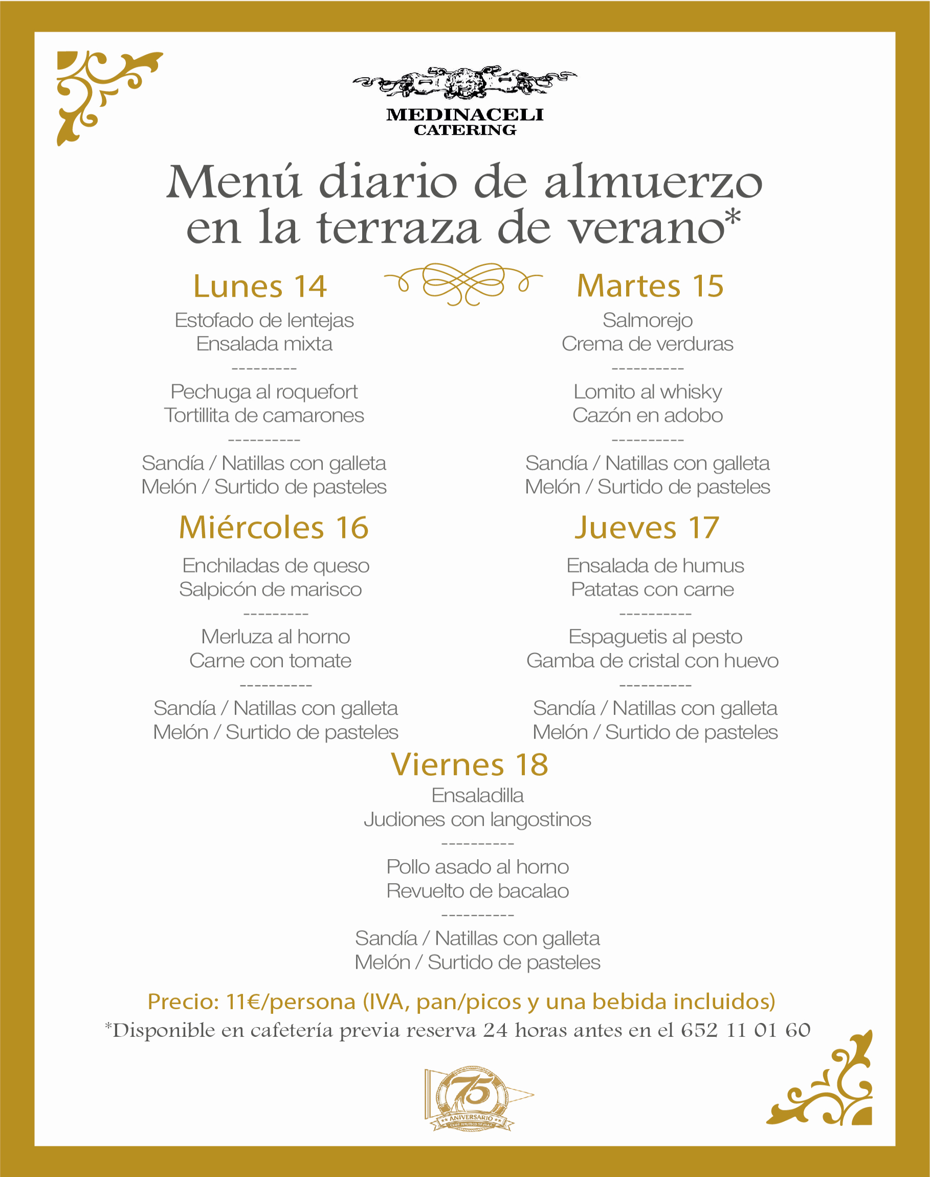 Menú intersemanal del servicio de restauración del Club Náutico