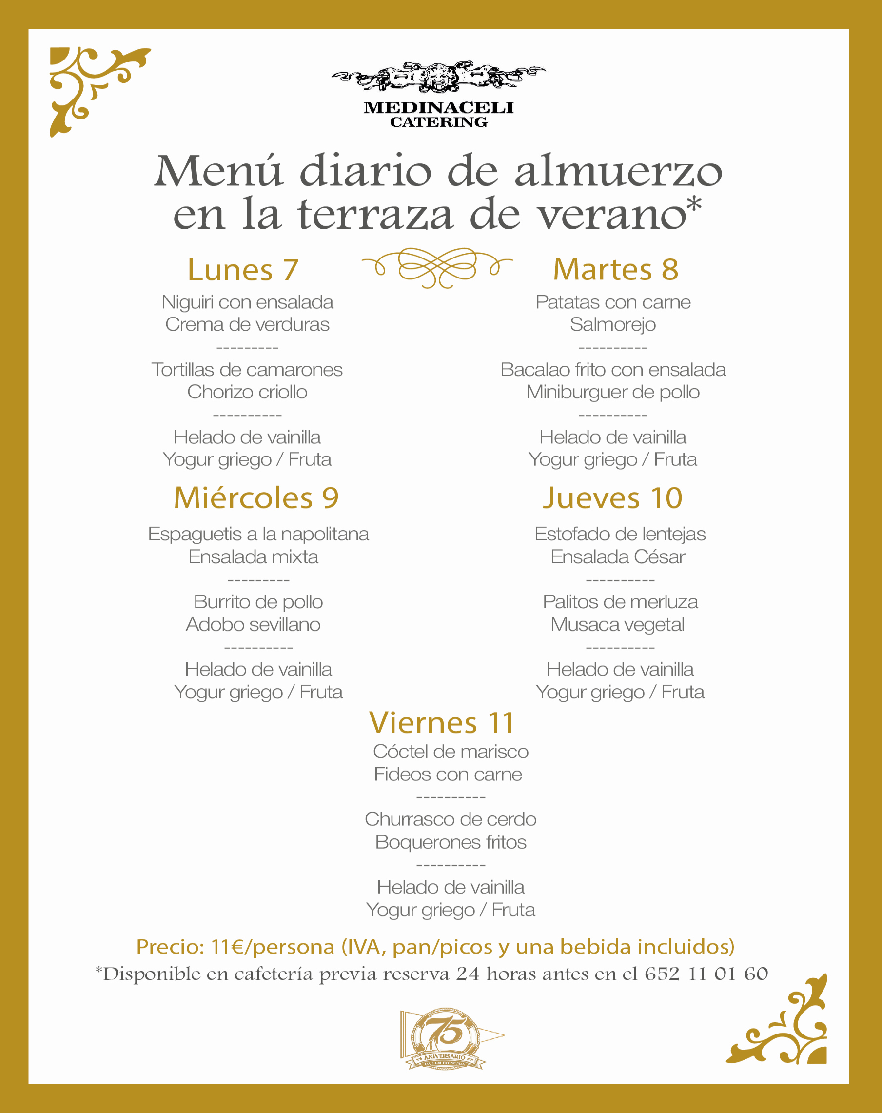 Menú intersemanal del servicio de restauración del Club Náutico